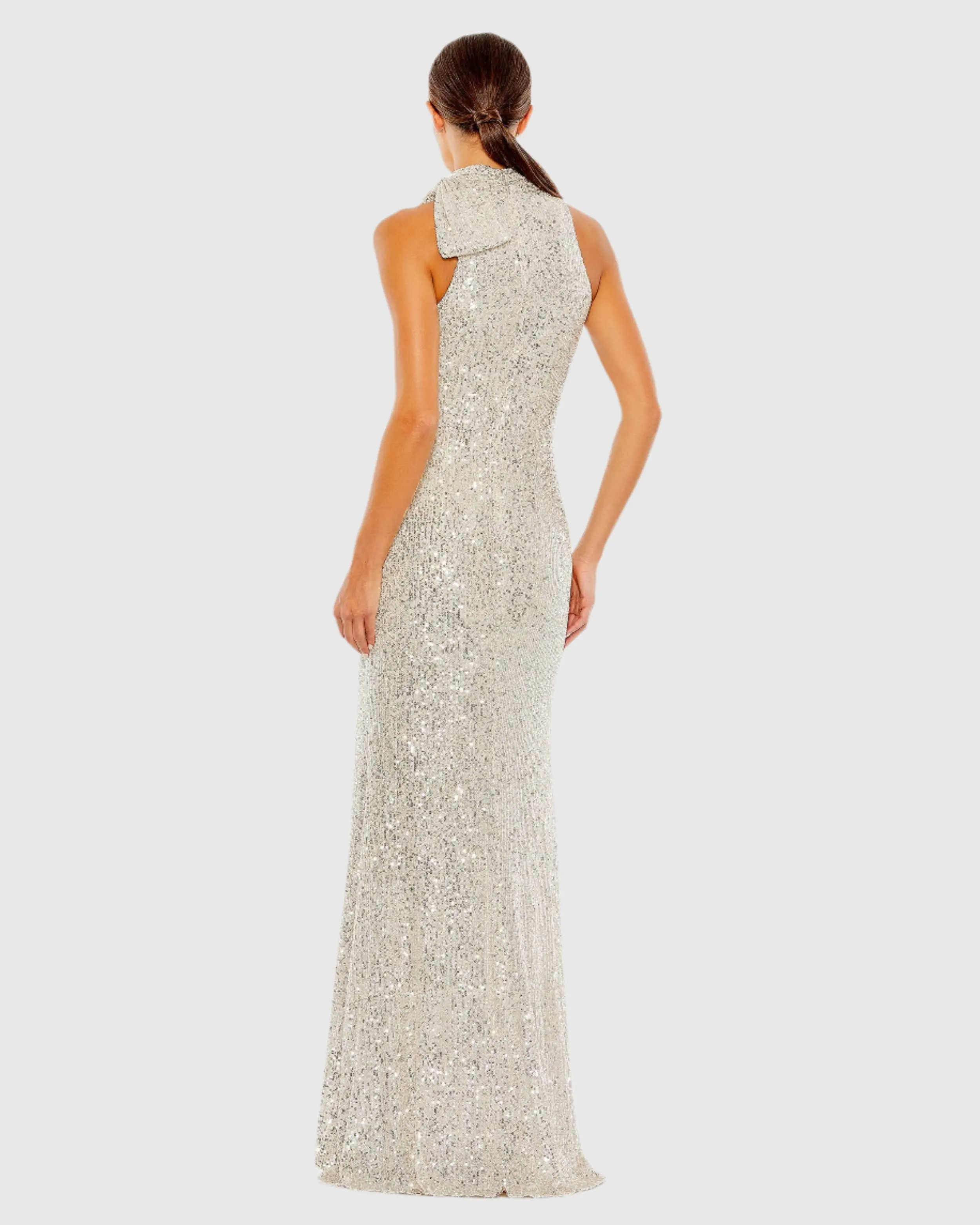 Silver Soft Tie Halter Neck Sequin Gown - Image 3