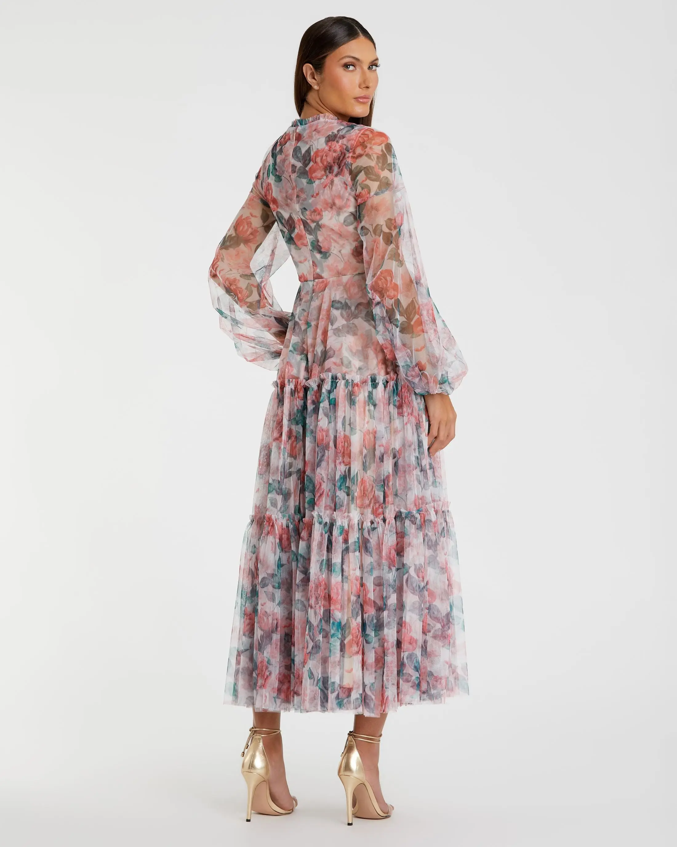 Multicolor Floral High Neck Balloon Sleeve Midi Dress - Image 3
