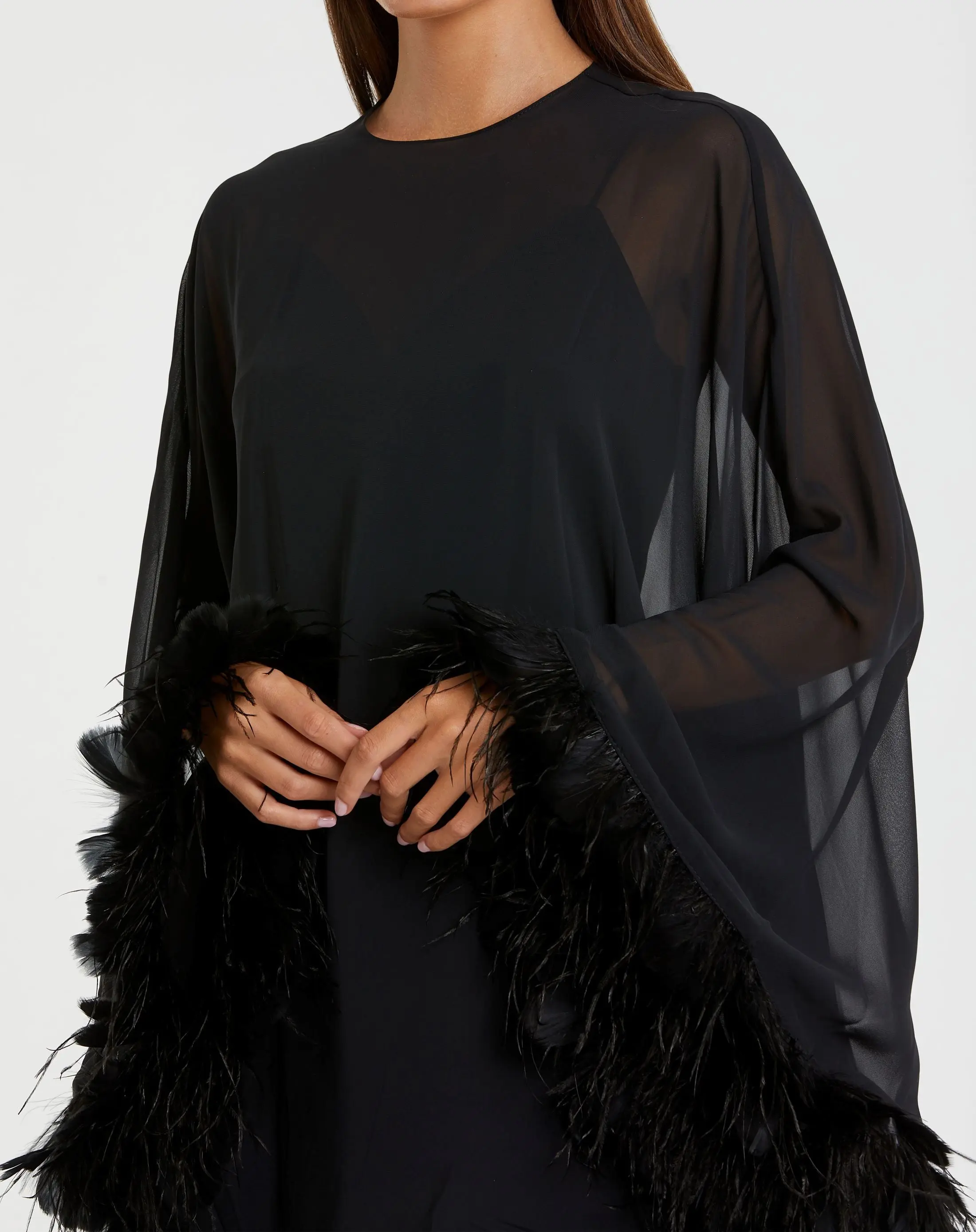 Black Trapeze Feather Trim Mini Dress - Image 2