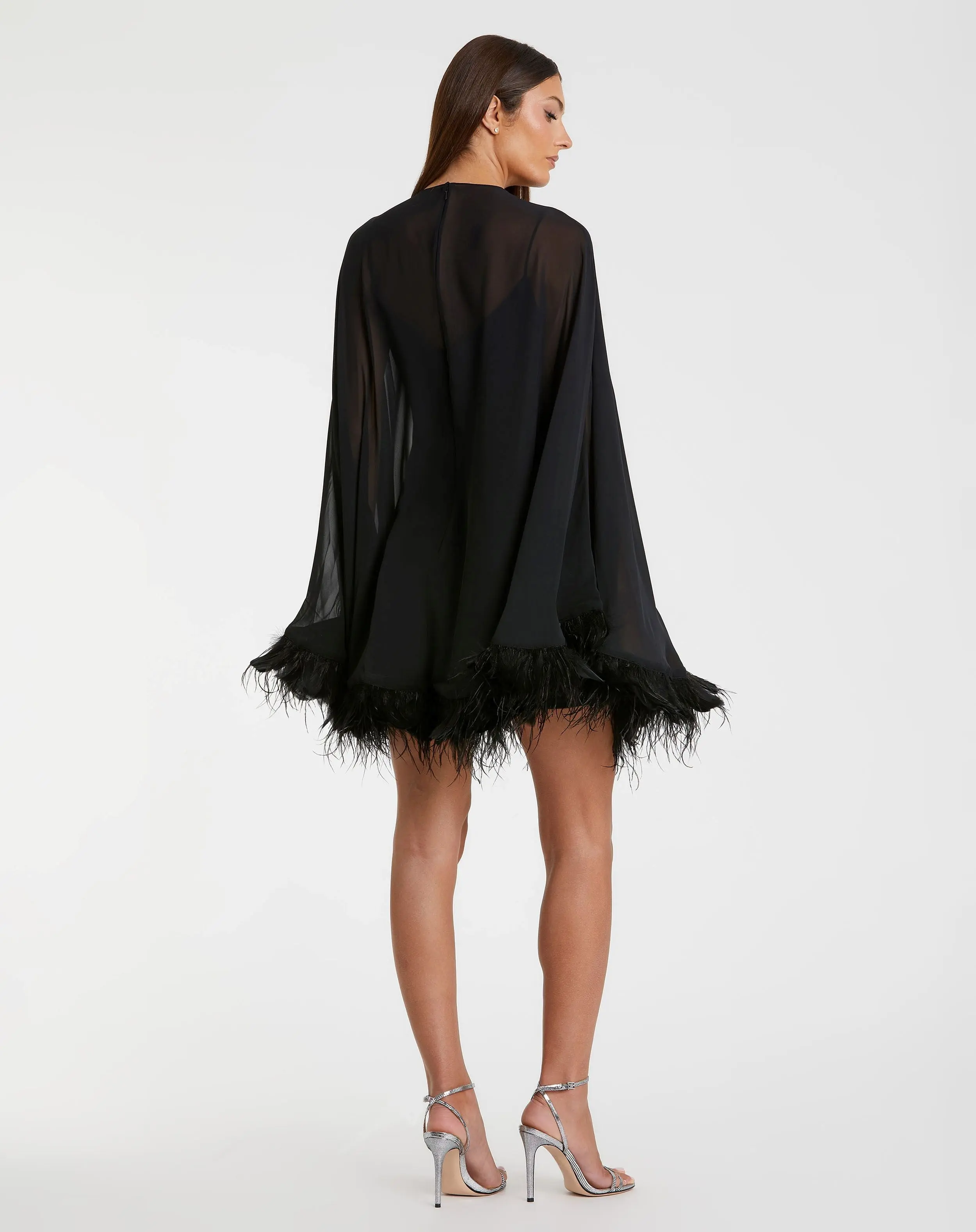 Black Trapeze Feather Trim Mini Dress - Image 3