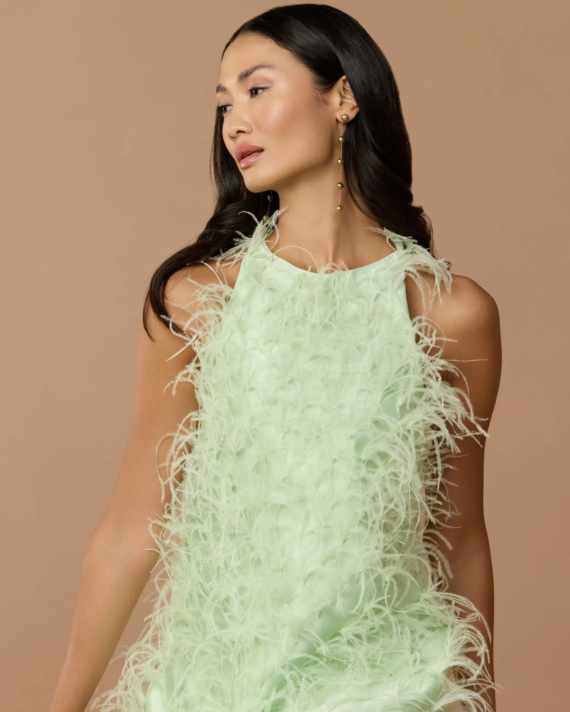 Green Sleeveless Feather Embellished High Low Gown - Image 2