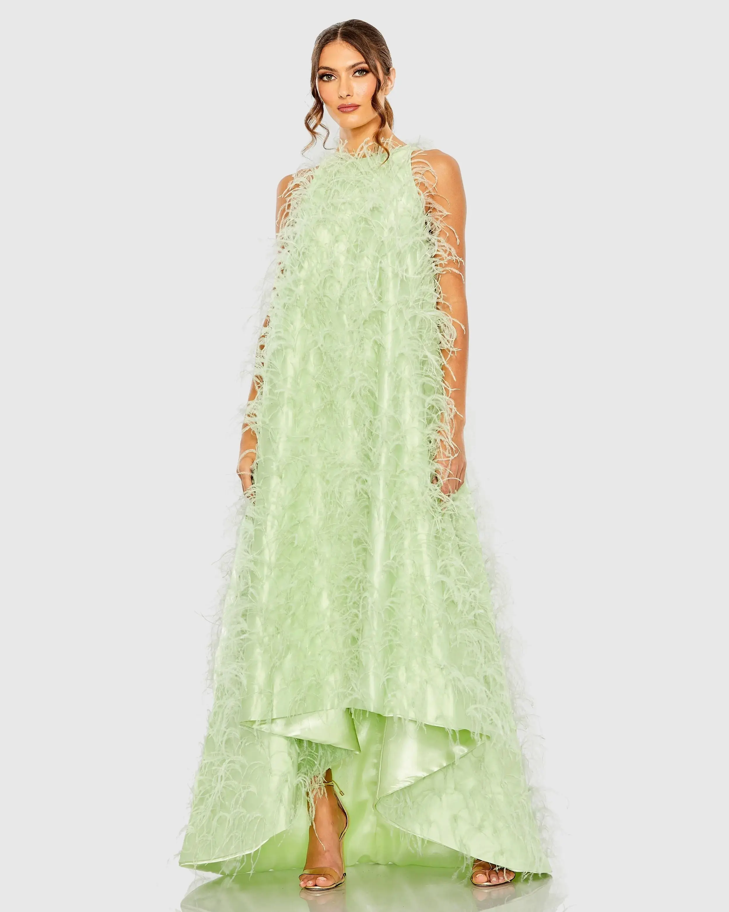 Green Sleeveless Feather Embellished High Low Gown - Image 4