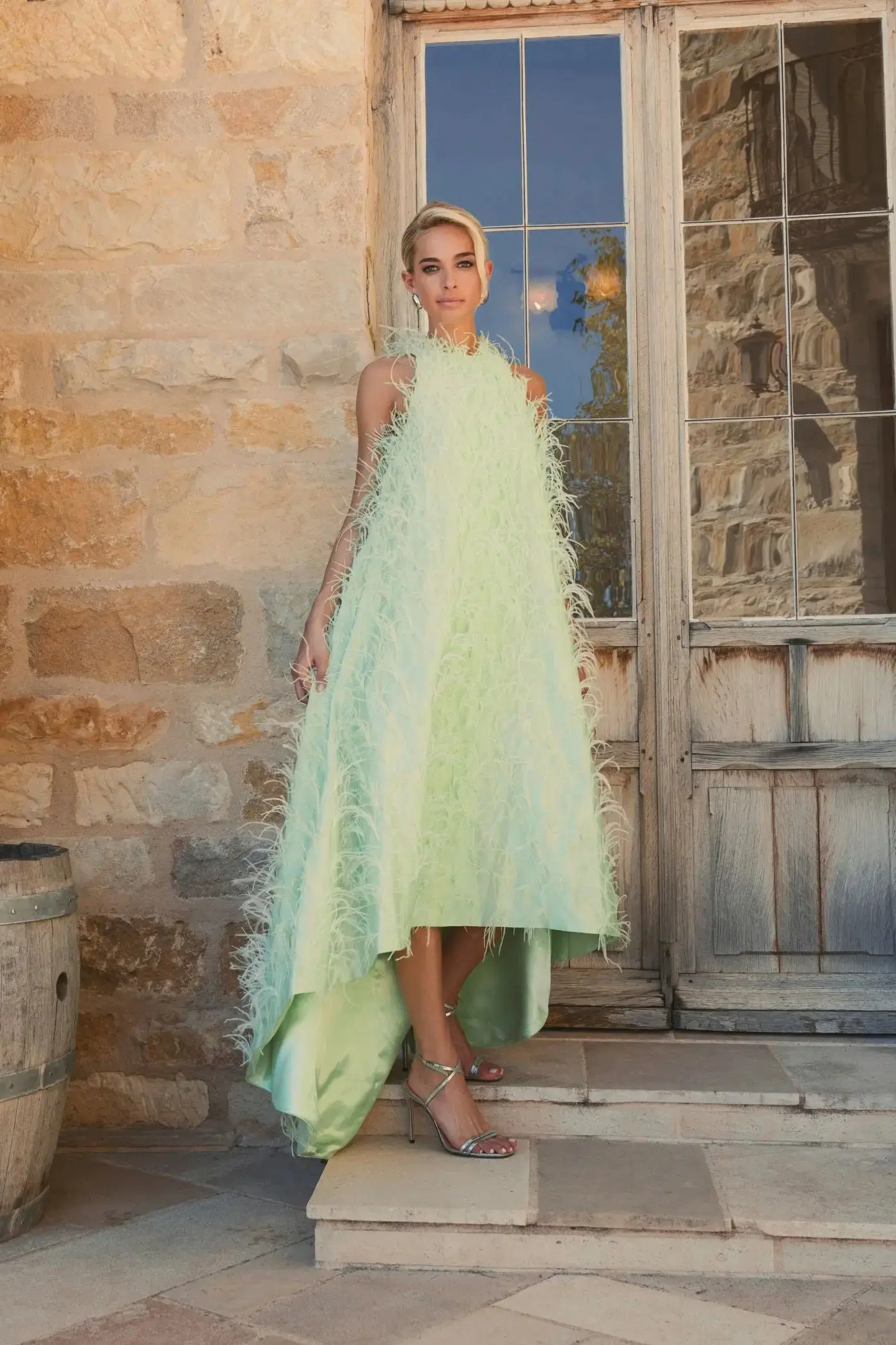 Green Sleeveless Feather Embellished High Low Gown - Image 7