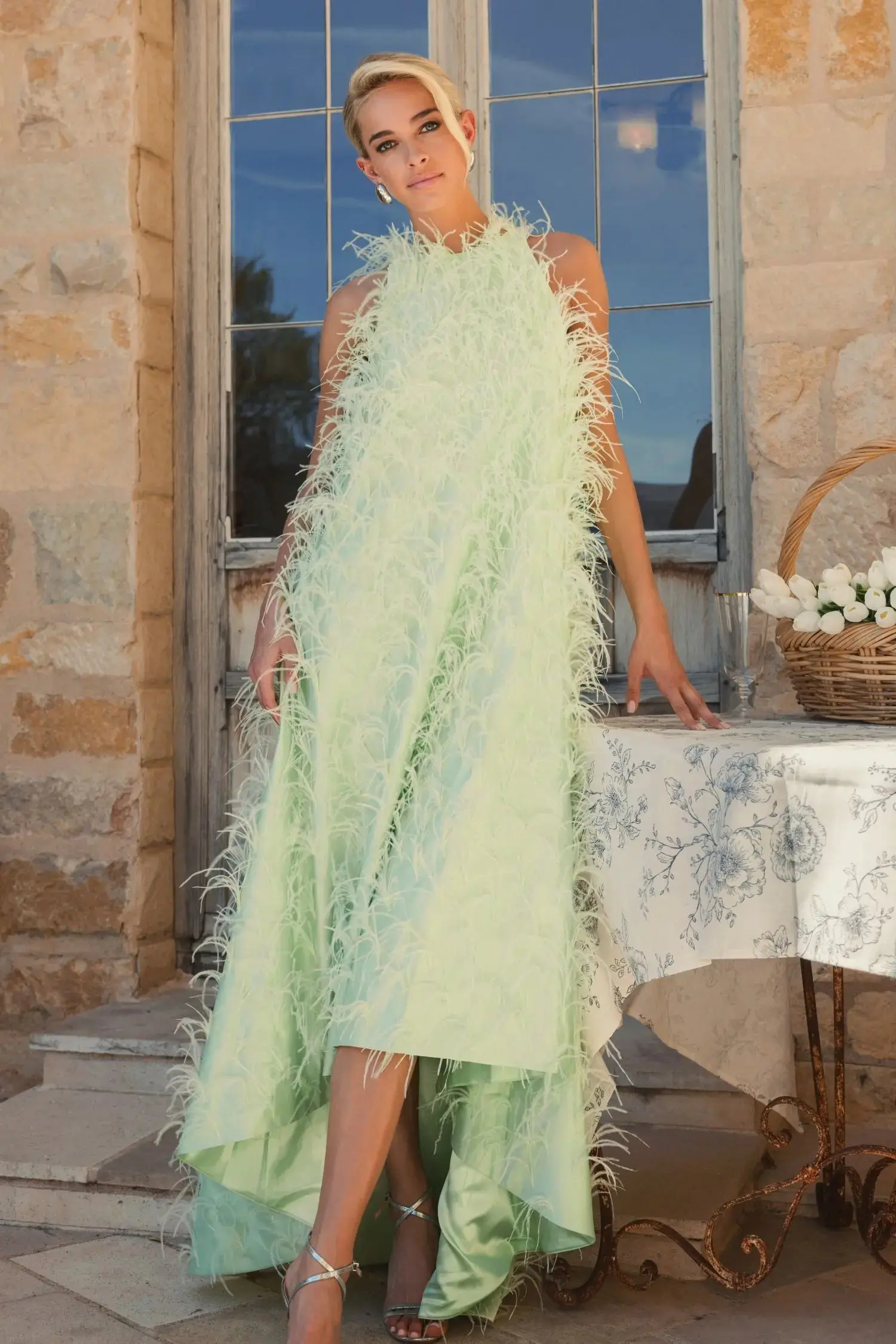 Green Sleeveless Feather Embellished High Low Gown - Image 9
