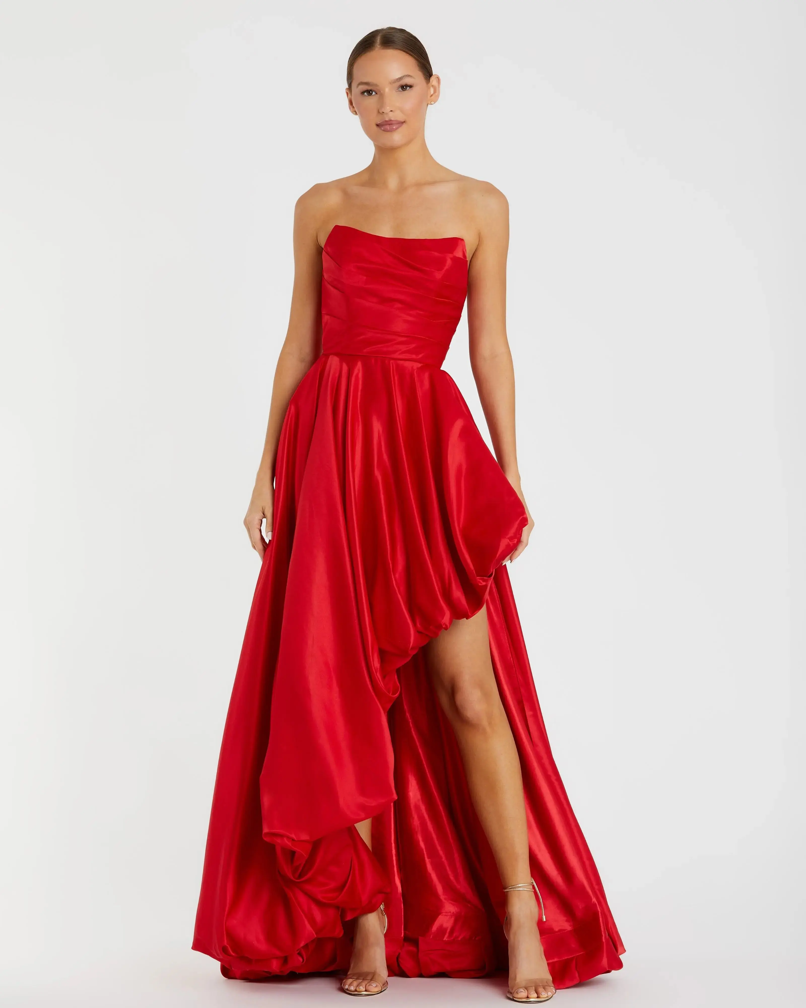 Red Strapless Ruched High Low Gown