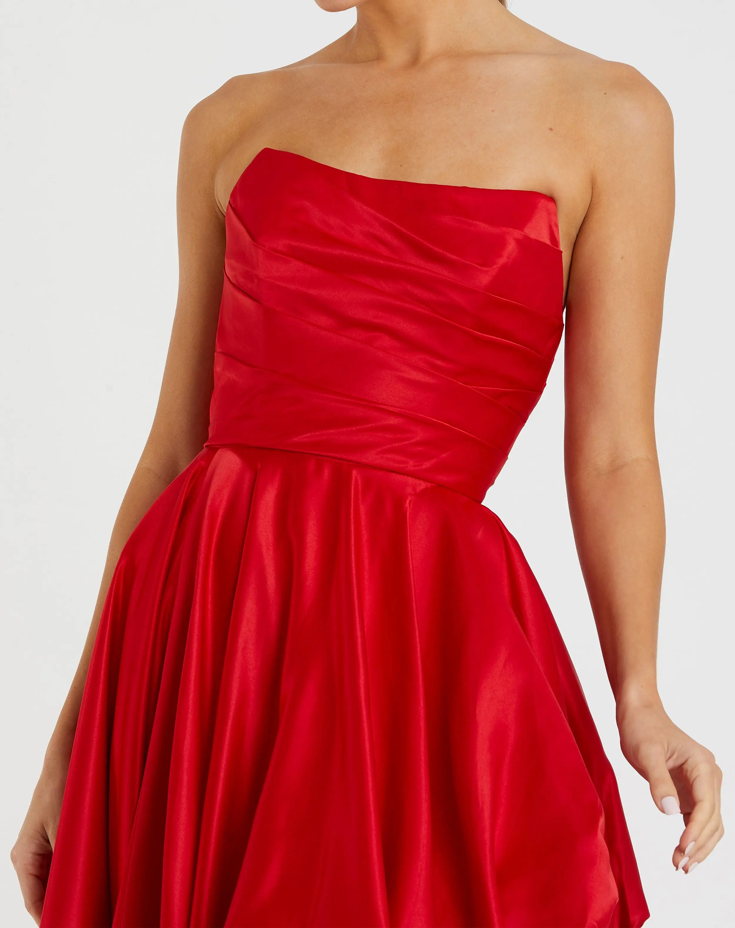 Red Strapless Ruched High Low Gown - Image 2