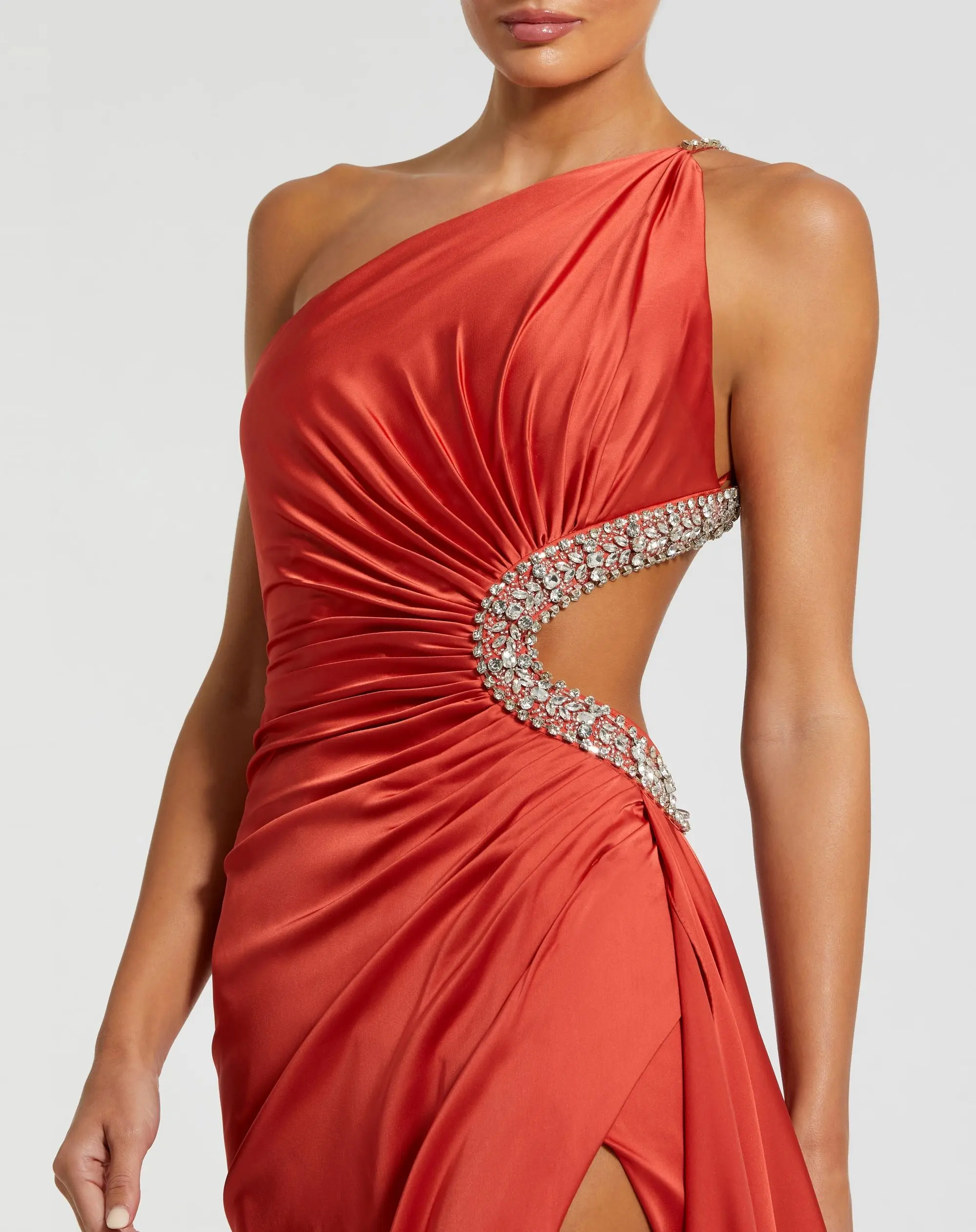 Red Jewel-Embellished Side Cut-Out A-Line Gown - Image 2