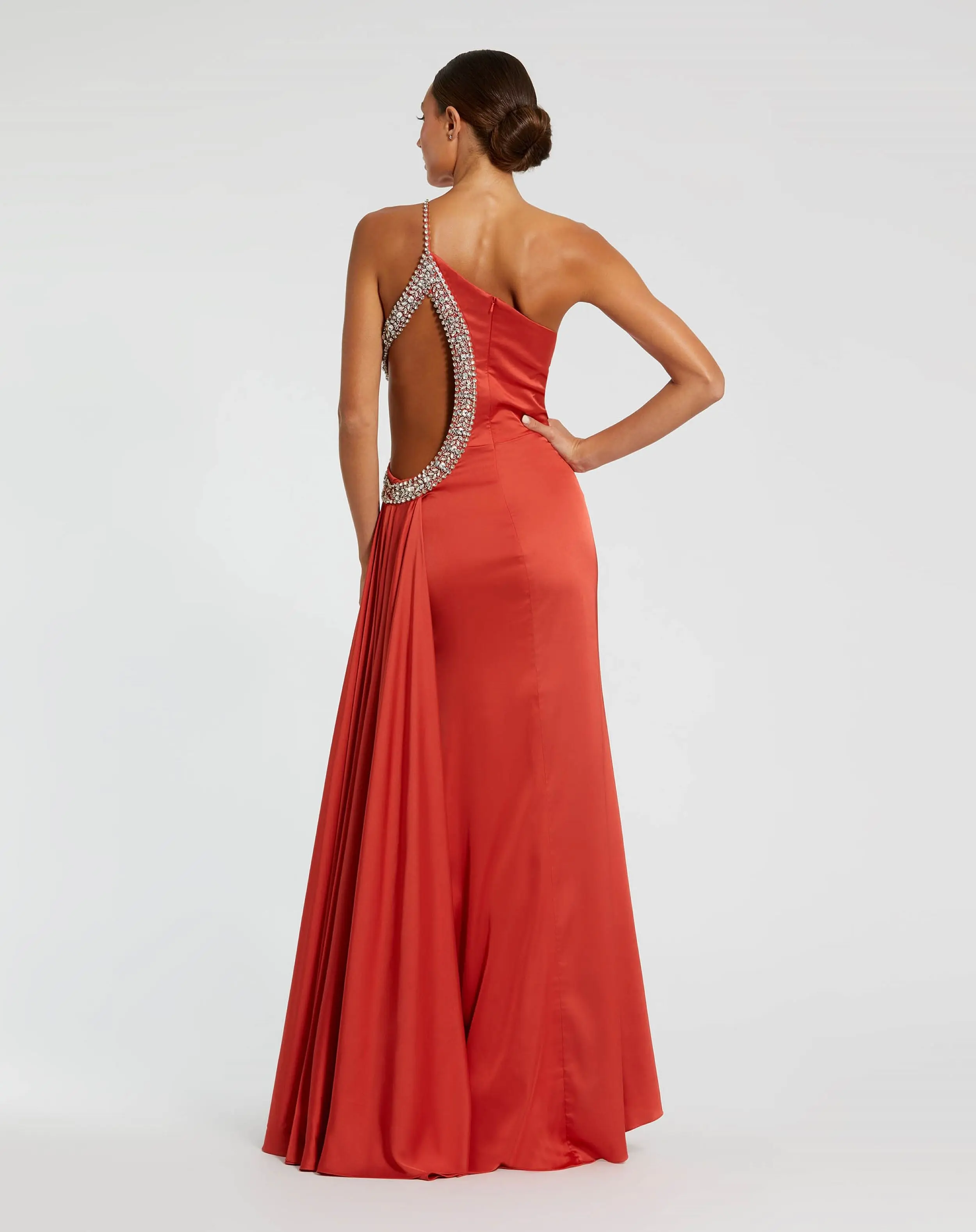 Red Jewel-Embellished Side Cut-Out A-Line Gown - Image 3