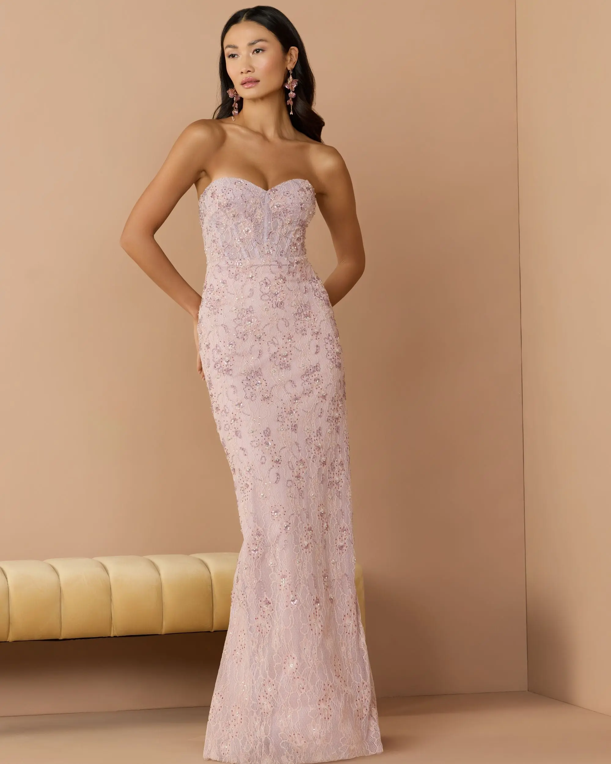 Pink Embellished Strapless Bustier Gown With Sweeping Train - Image 3