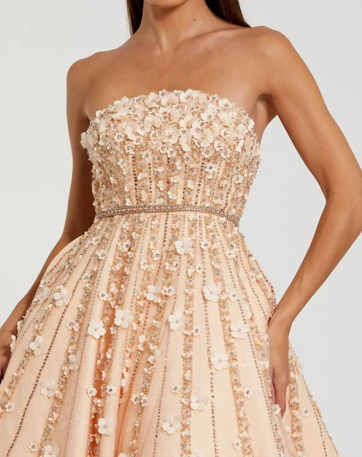 Beige Floral Embellished Strapless A-Line Midi Dress - Image 5