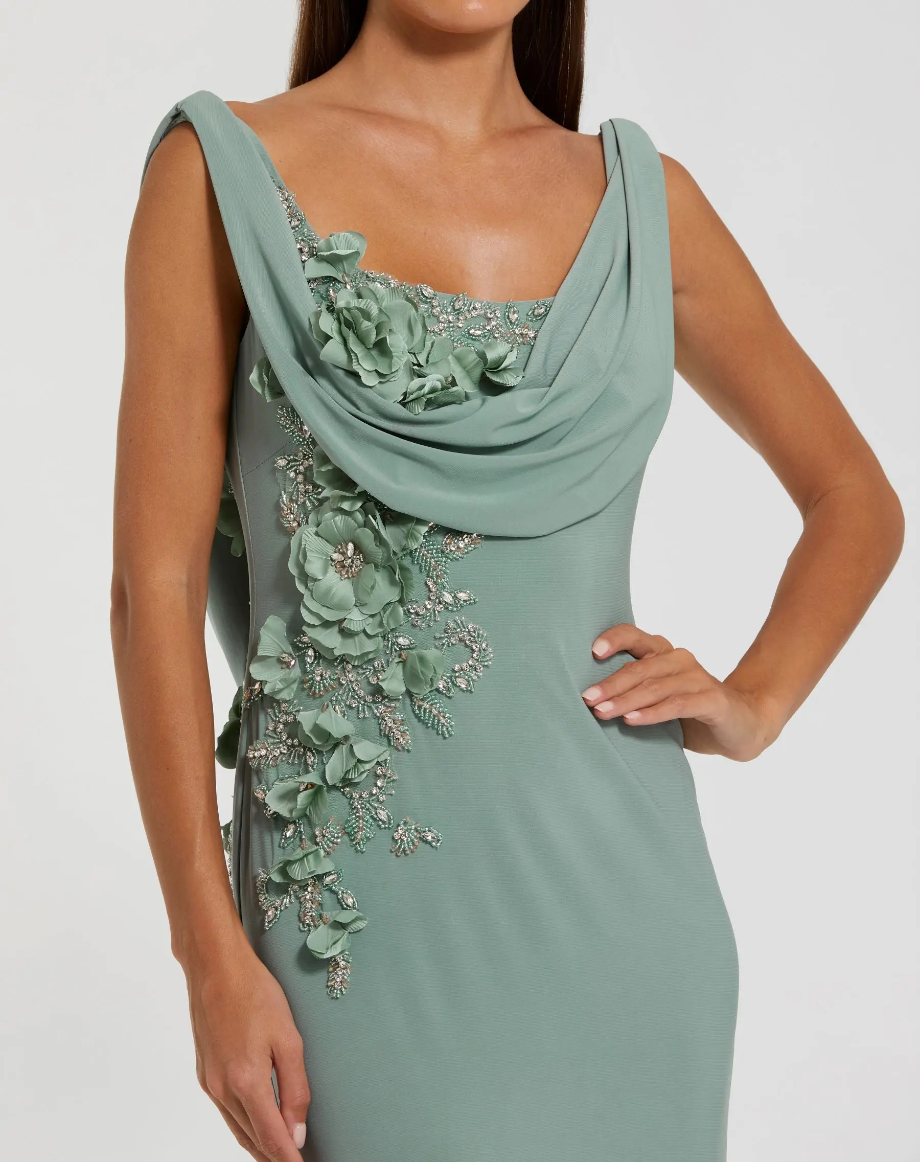 Green Sleeveless Jersey Cowl Neck Gown With Beading - Image 2