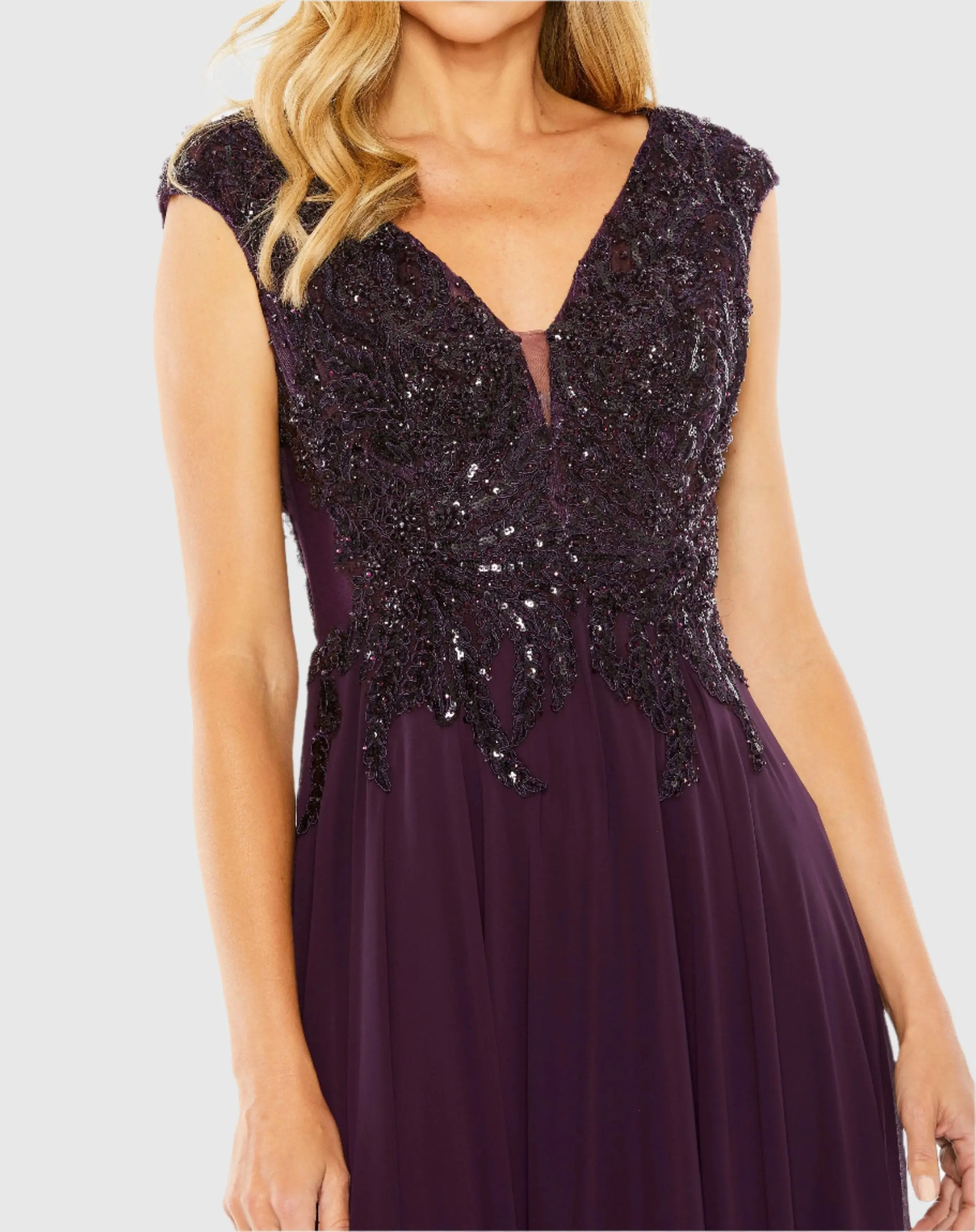 Purple Cap Sleeve Applique Bodice Flowy Gown - Image 2