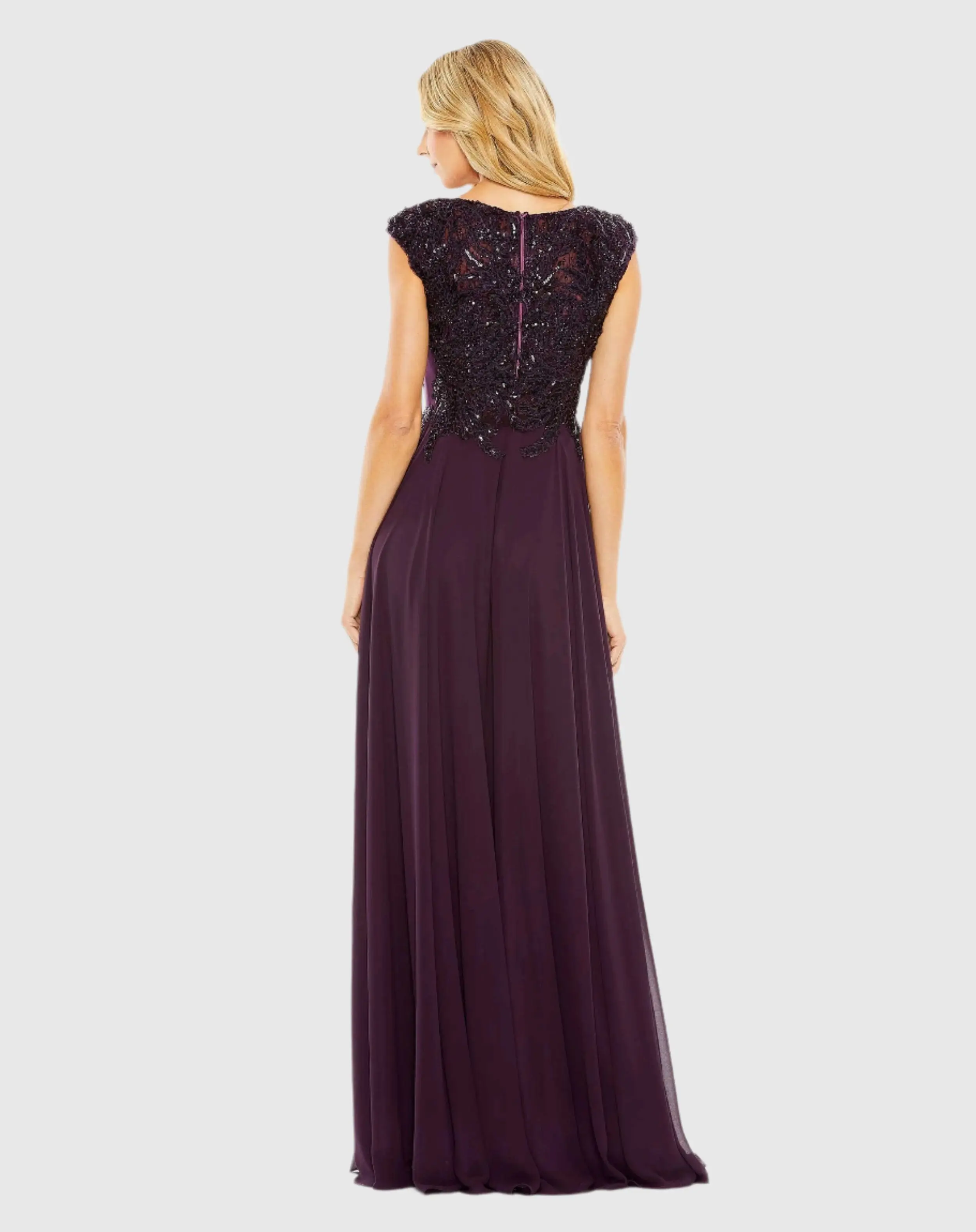 Purple Cap Sleeve Applique Bodice Flowy Gown - Image 3