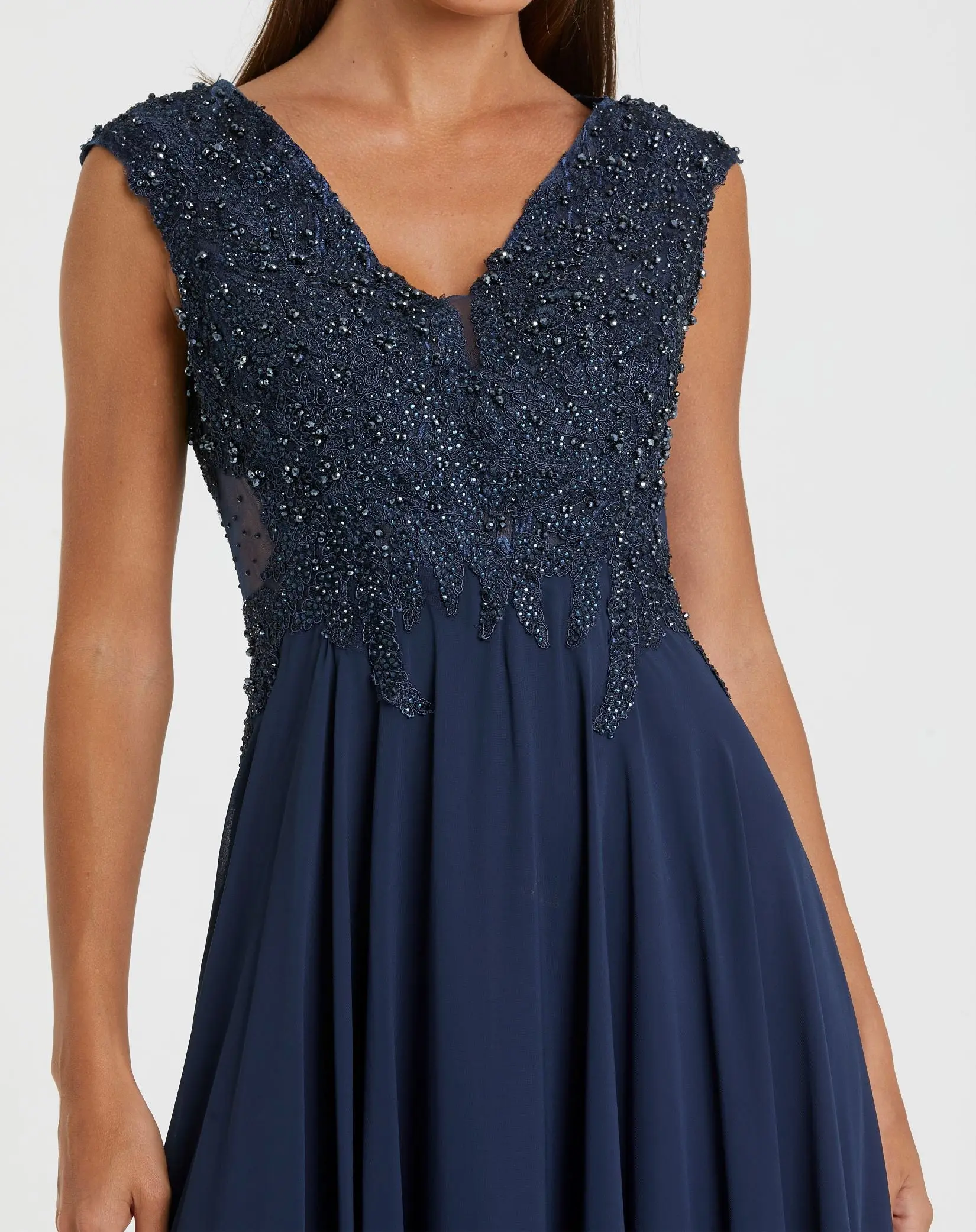 Navy Cap Sleeve Applique Bodice Flowy Gown - Image 2