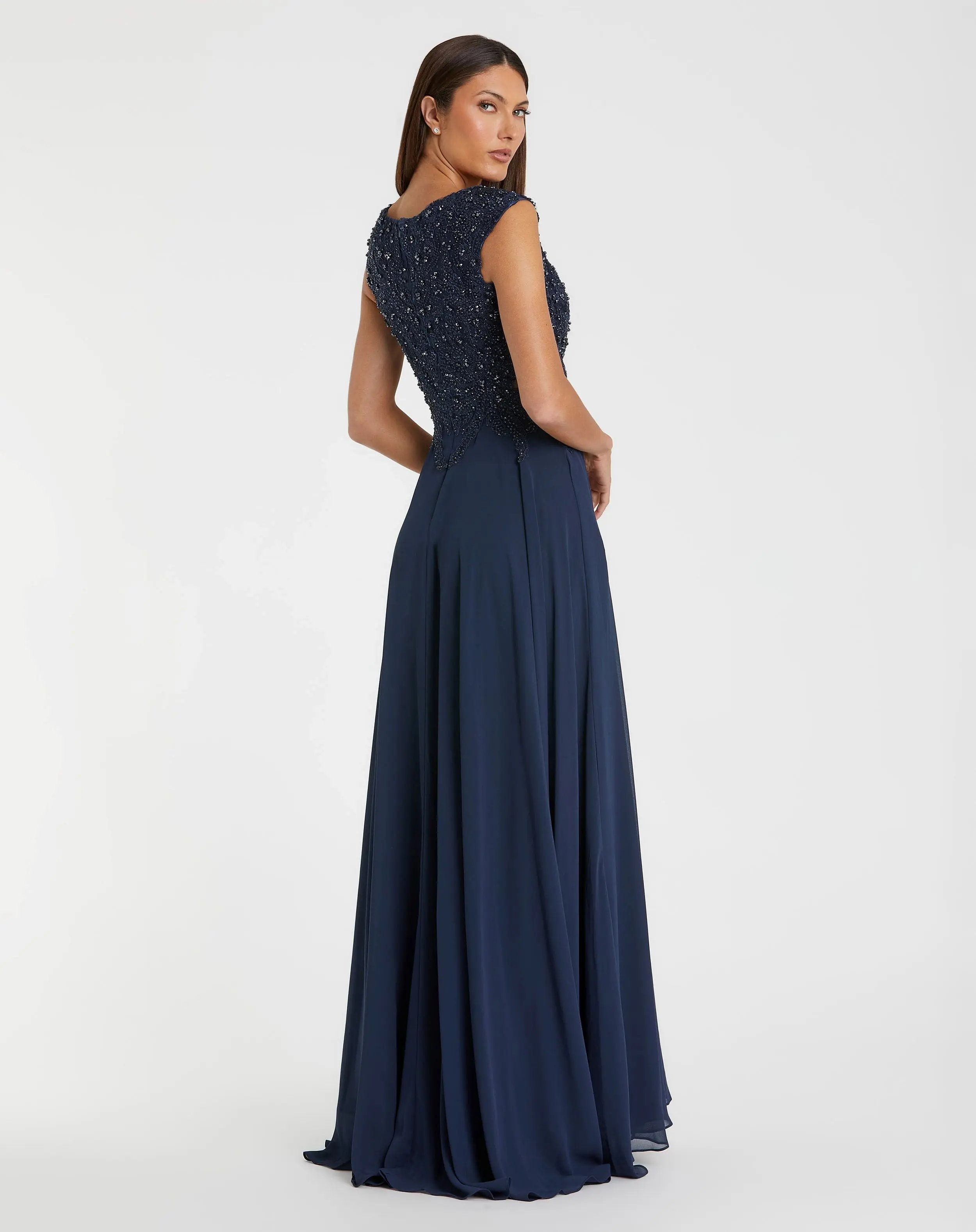 Navy Cap Sleeve Applique Bodice Flowy Gown - Image 3