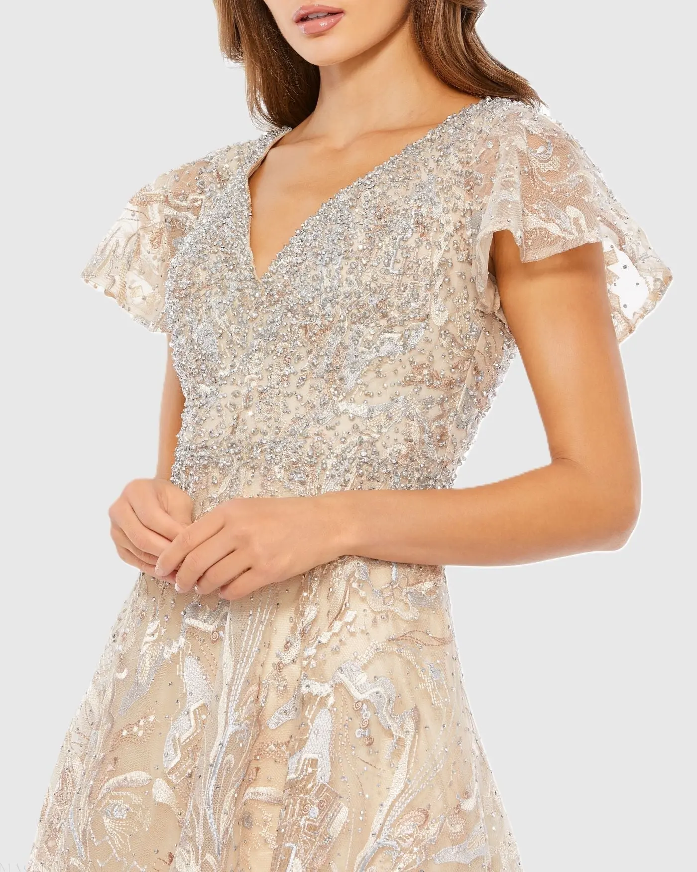 Beige Embellished Illusion Butterfly Sleeve A-Line Gown - Image 2
