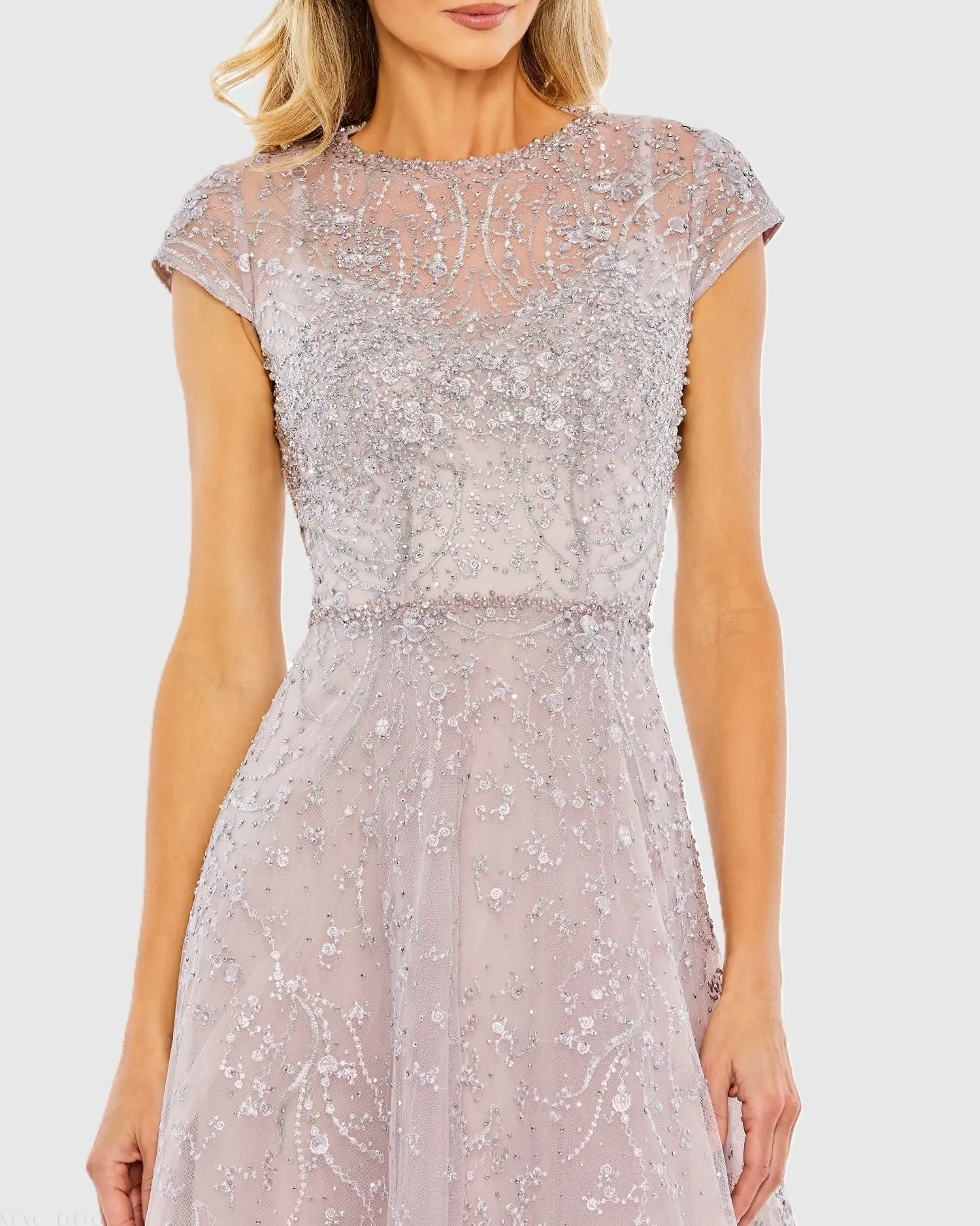 Purple Embellished High Neck Cap Sleeve A Line Dress - Image 2