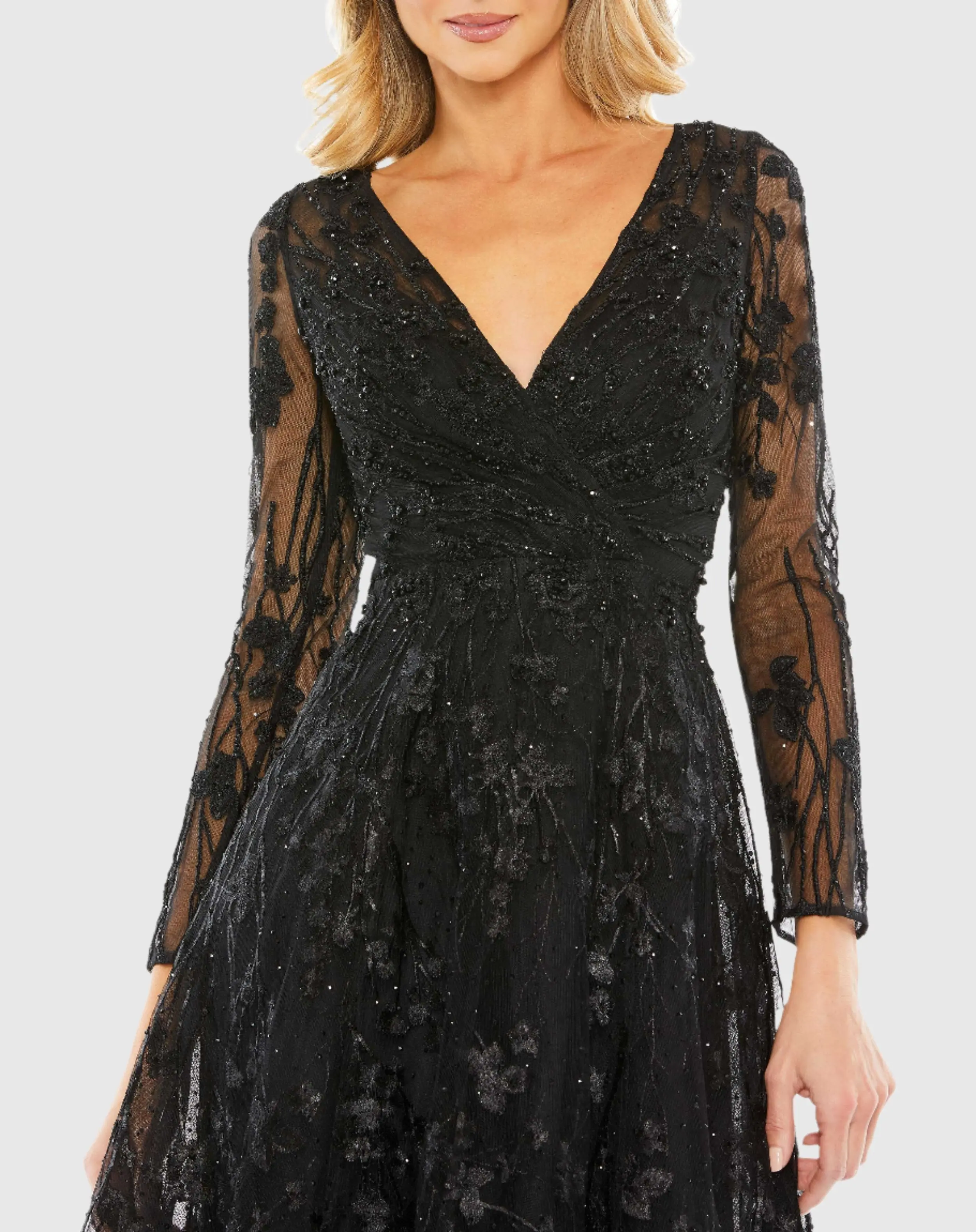Black Embellished Floral Long Sleeve Dress - Image 2