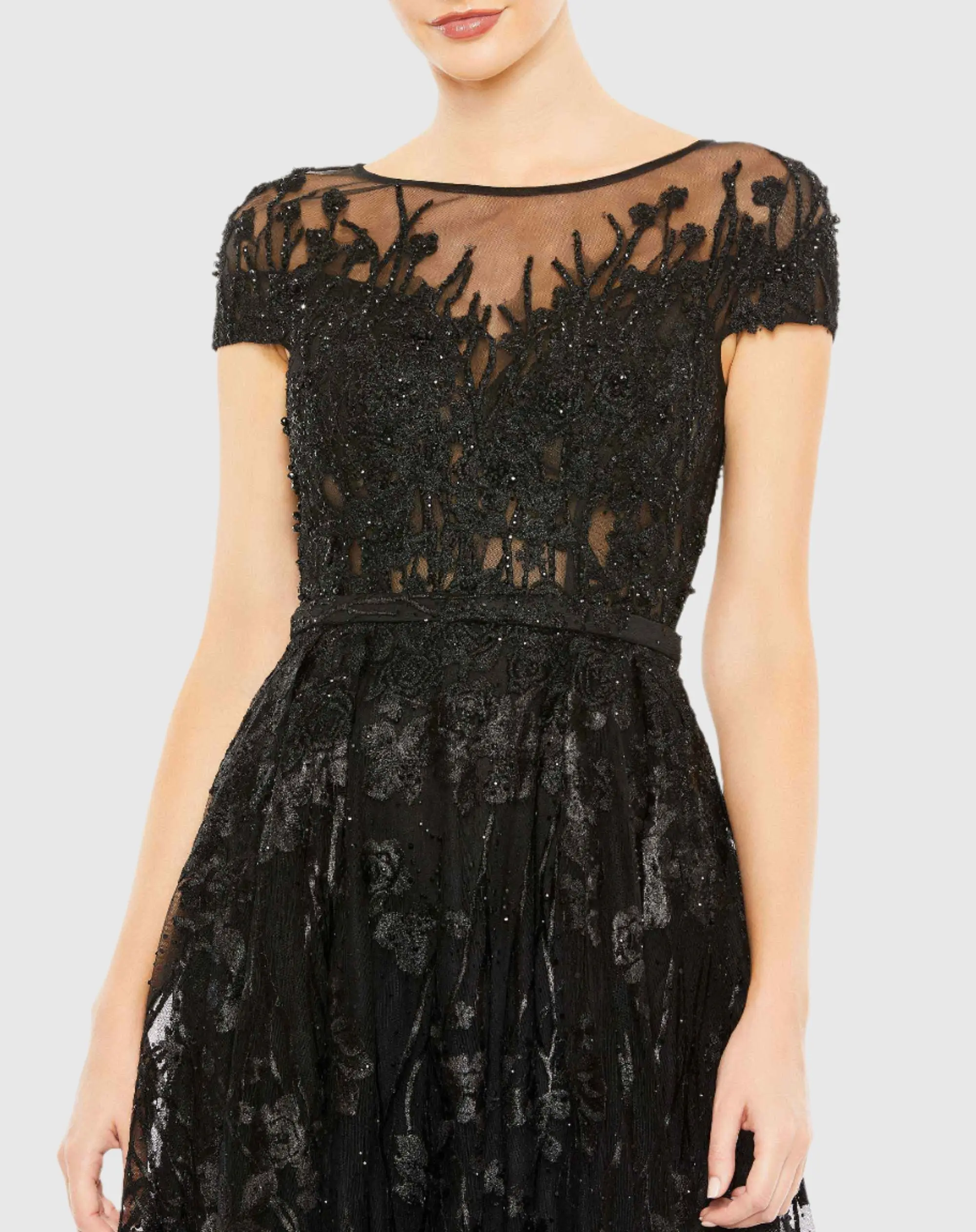 Black Embellished Floral Cap Sleeve A Line Gown - Image 2