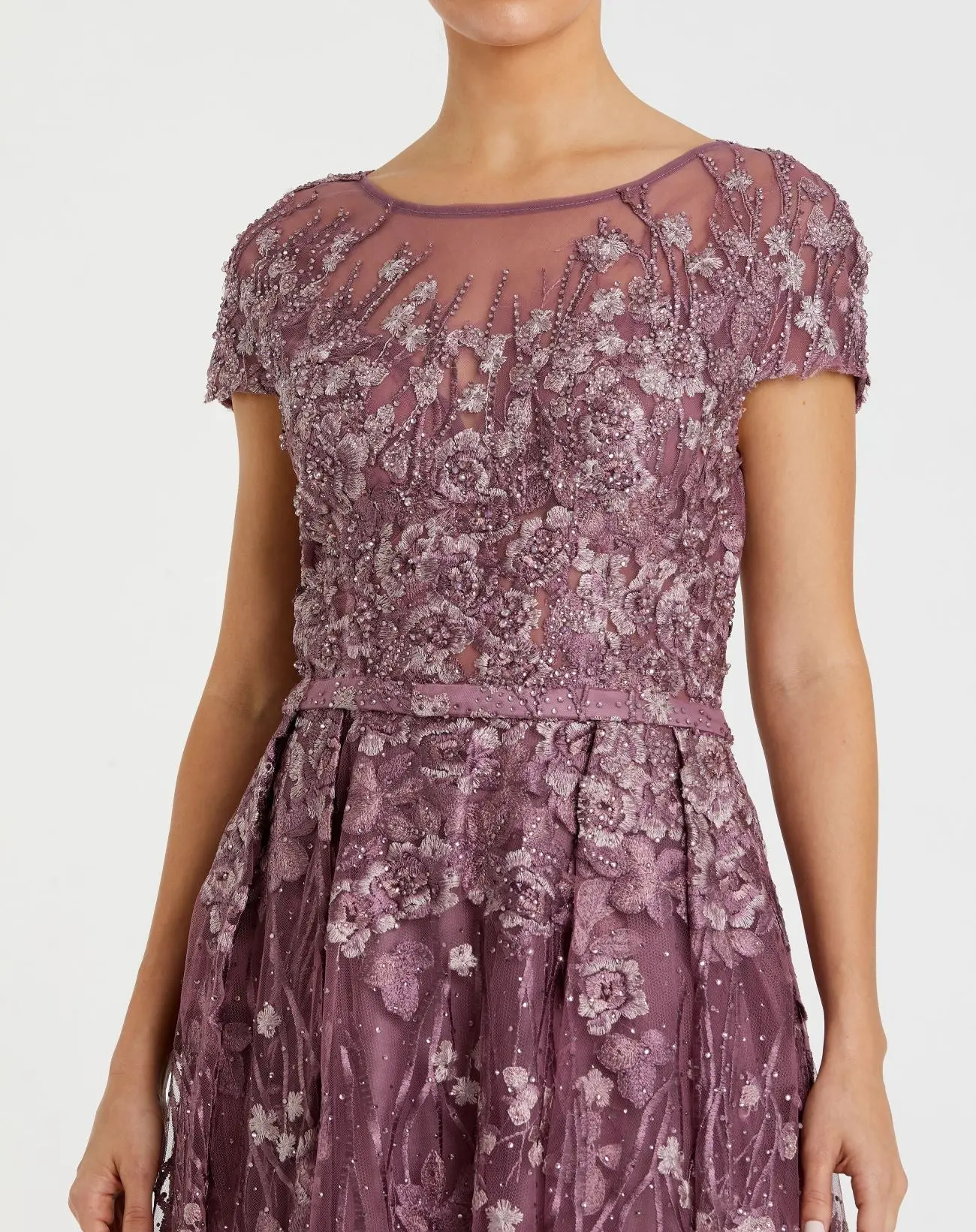 Purple Embellished Floral Cap Sleeve A Line Gown - Image 2