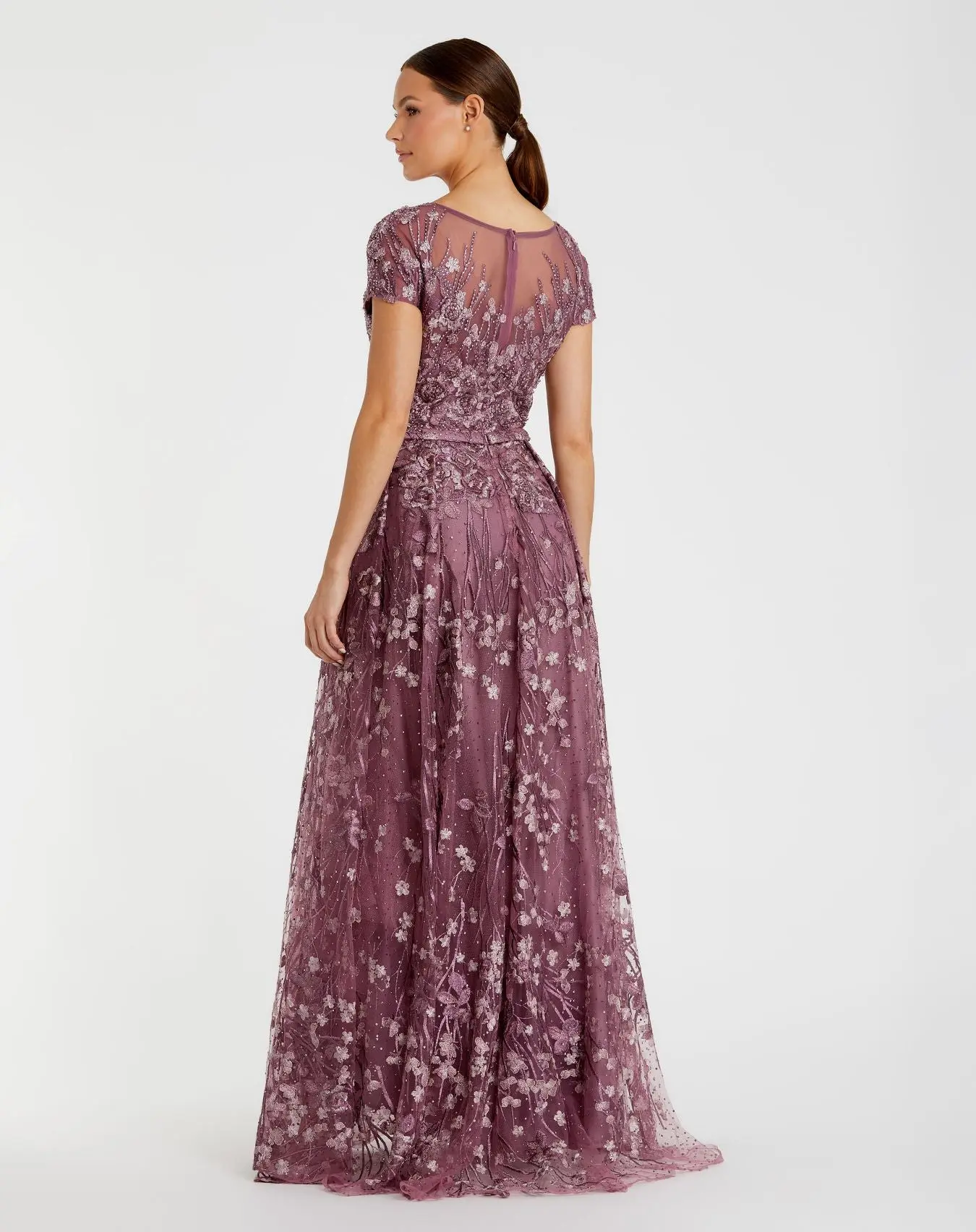 Purple Embellished Floral Cap Sleeve A Line Gown - Image 3