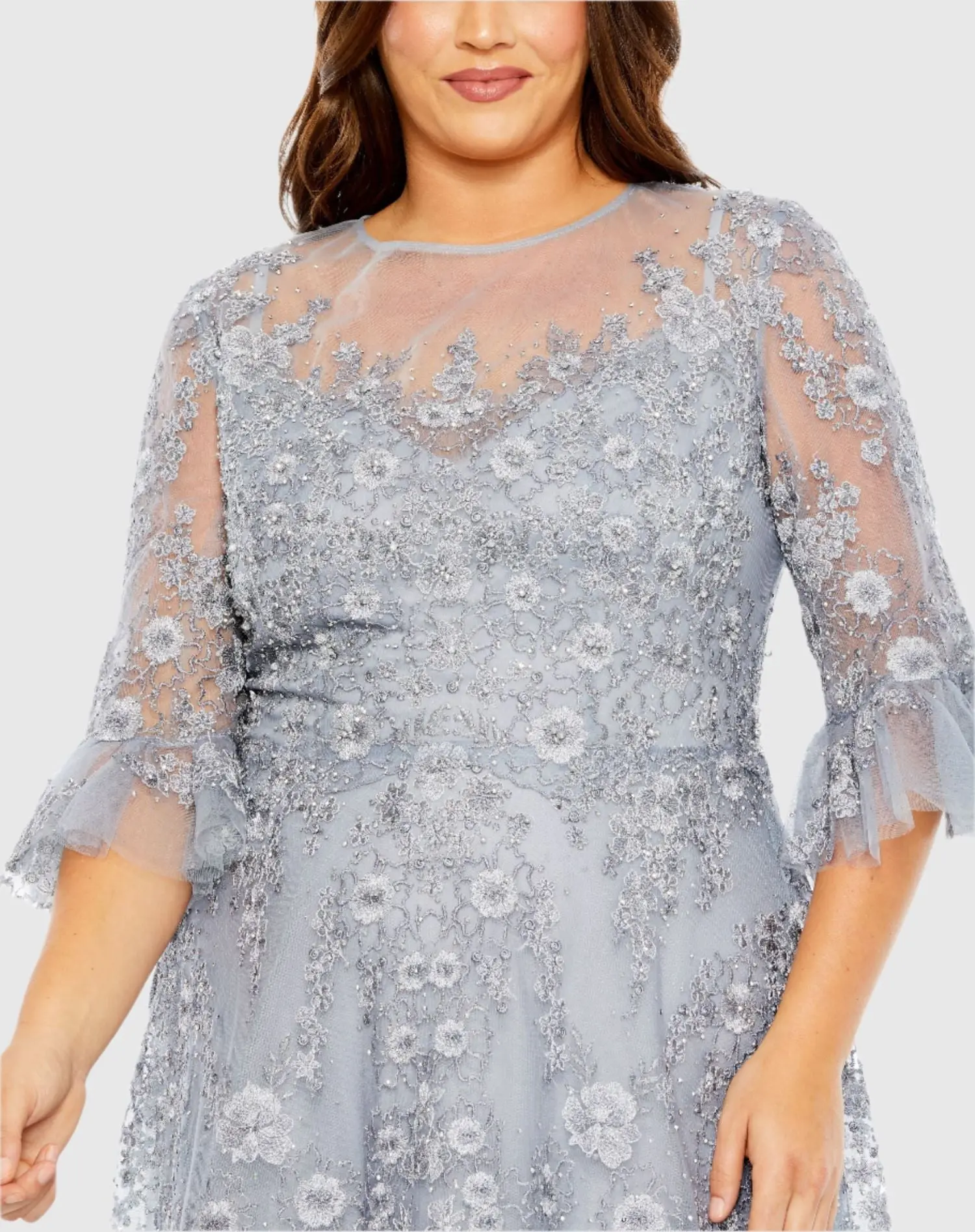 Blue High Neck Flutter Sleeve Embroidered A Line Gown (Plus) - Image 2