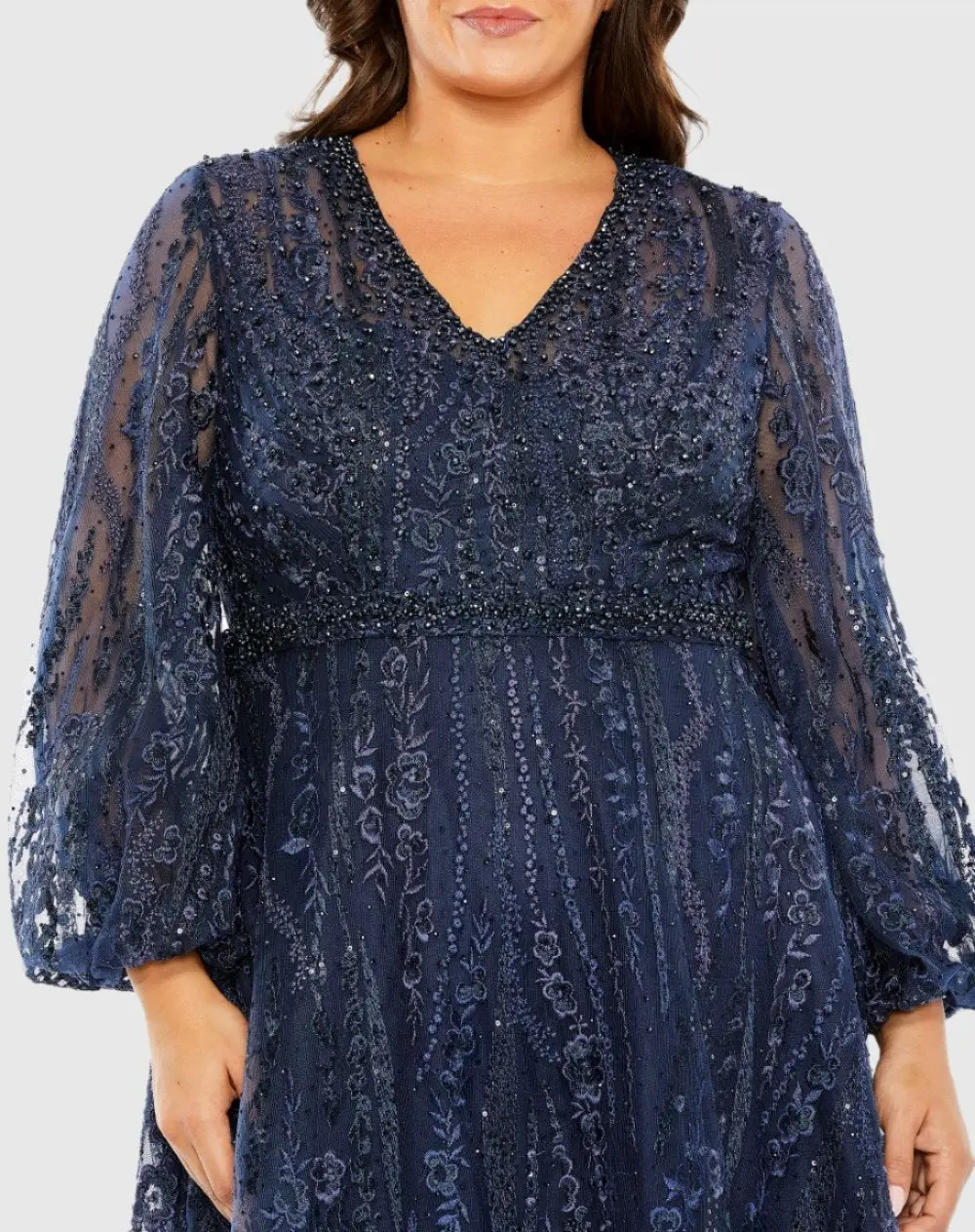 Navy V Neck Puff Sleeve Embroidered A Line Gown (Plus) - Image 2