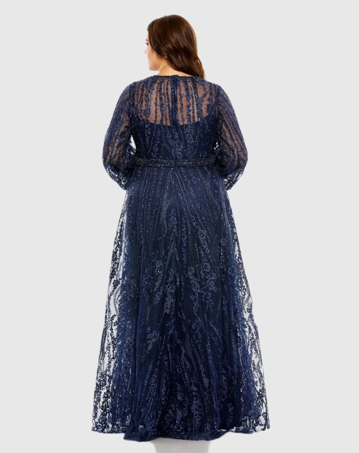 Navy V Neck Puff Sleeve Embroidered A Line Gown (Plus) - Image 3
