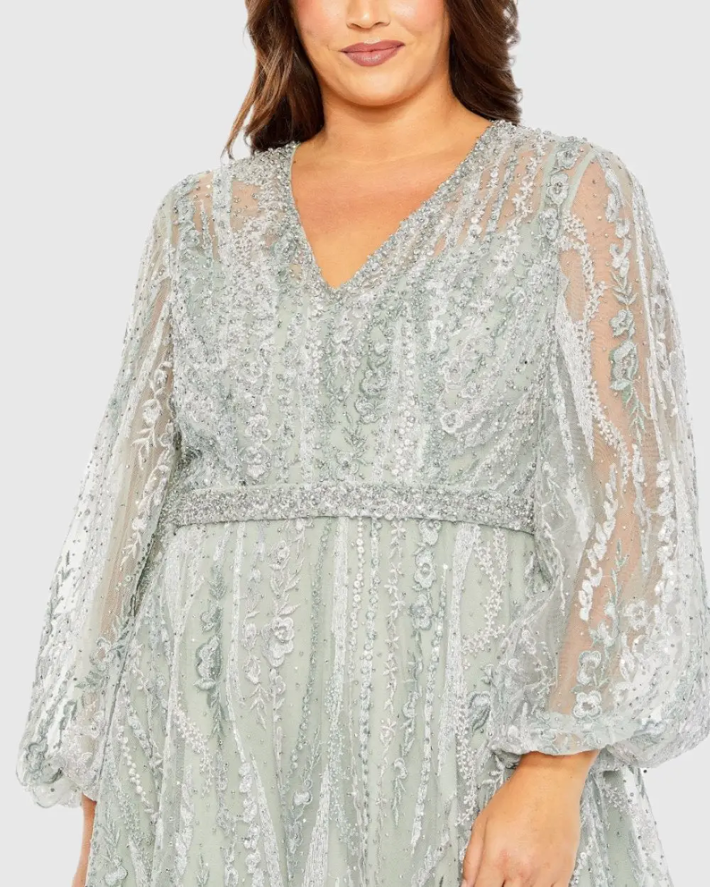 Green V Neck Puff Sleeve Embroidered A Line Gown (Plus) - Image 2