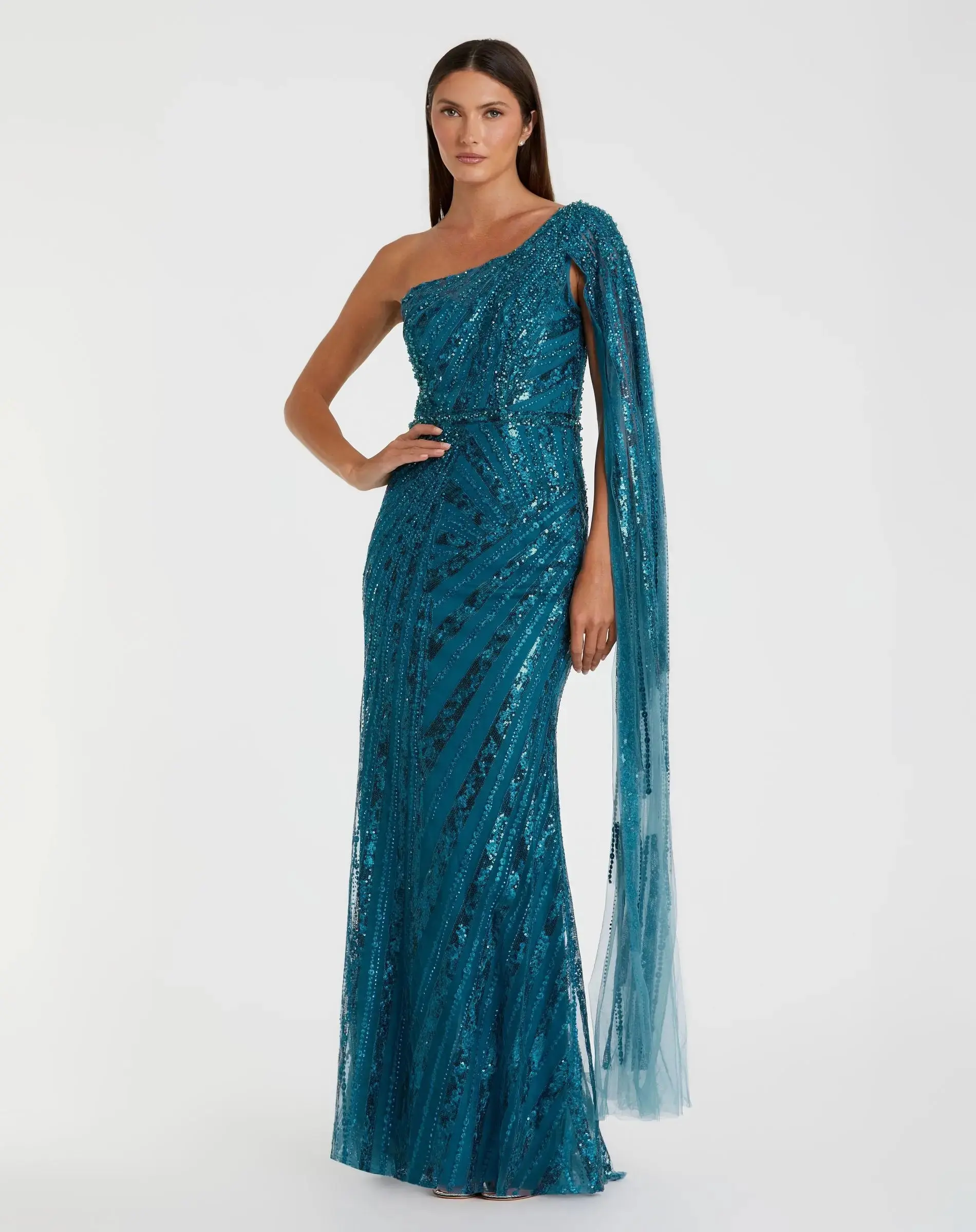 Blue One Shoulder Cape Sleeve Embellished Gown
