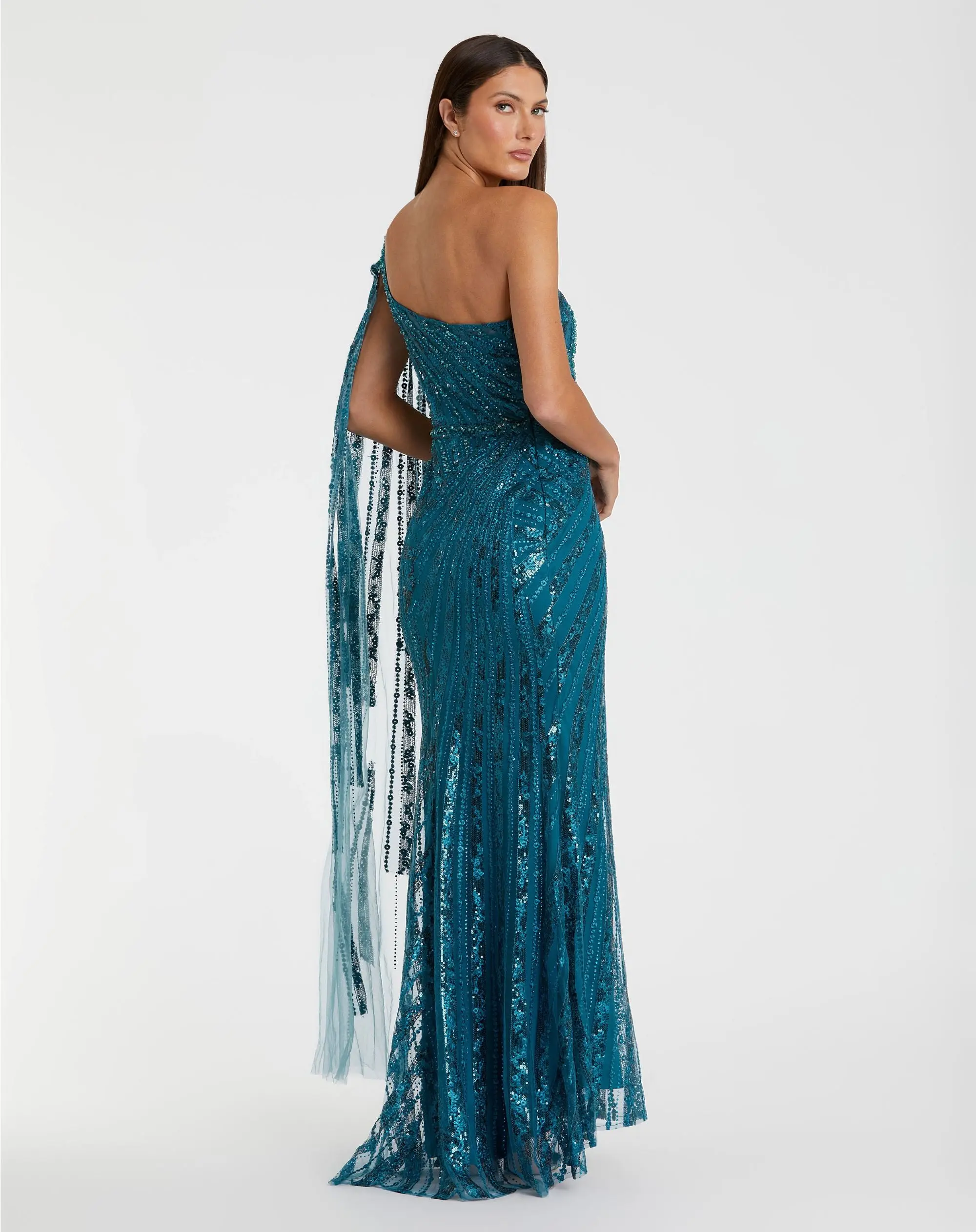 Blue One Shoulder Cape Sleeve Embellished Gown - Image 3