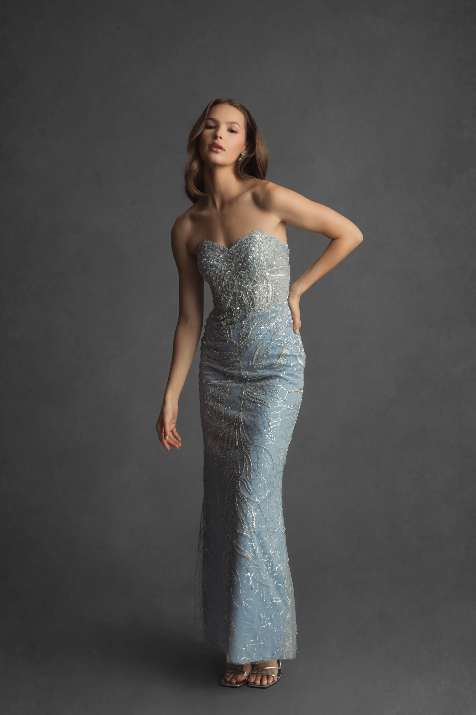Blue Beaded Sequin Strapless Trumpet Gown - Image 6