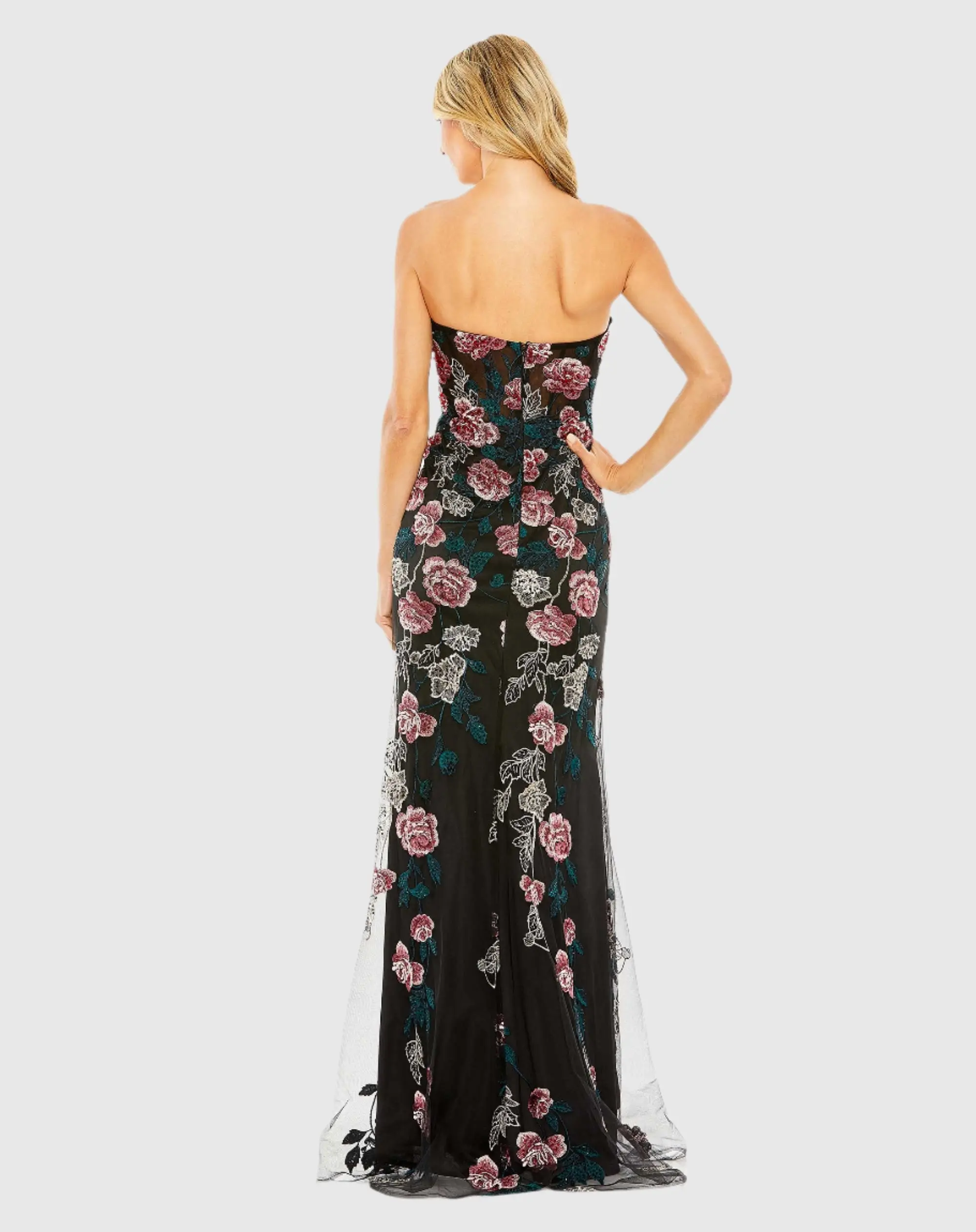 Black Floral Embroidered Strapless Gown - Image 3