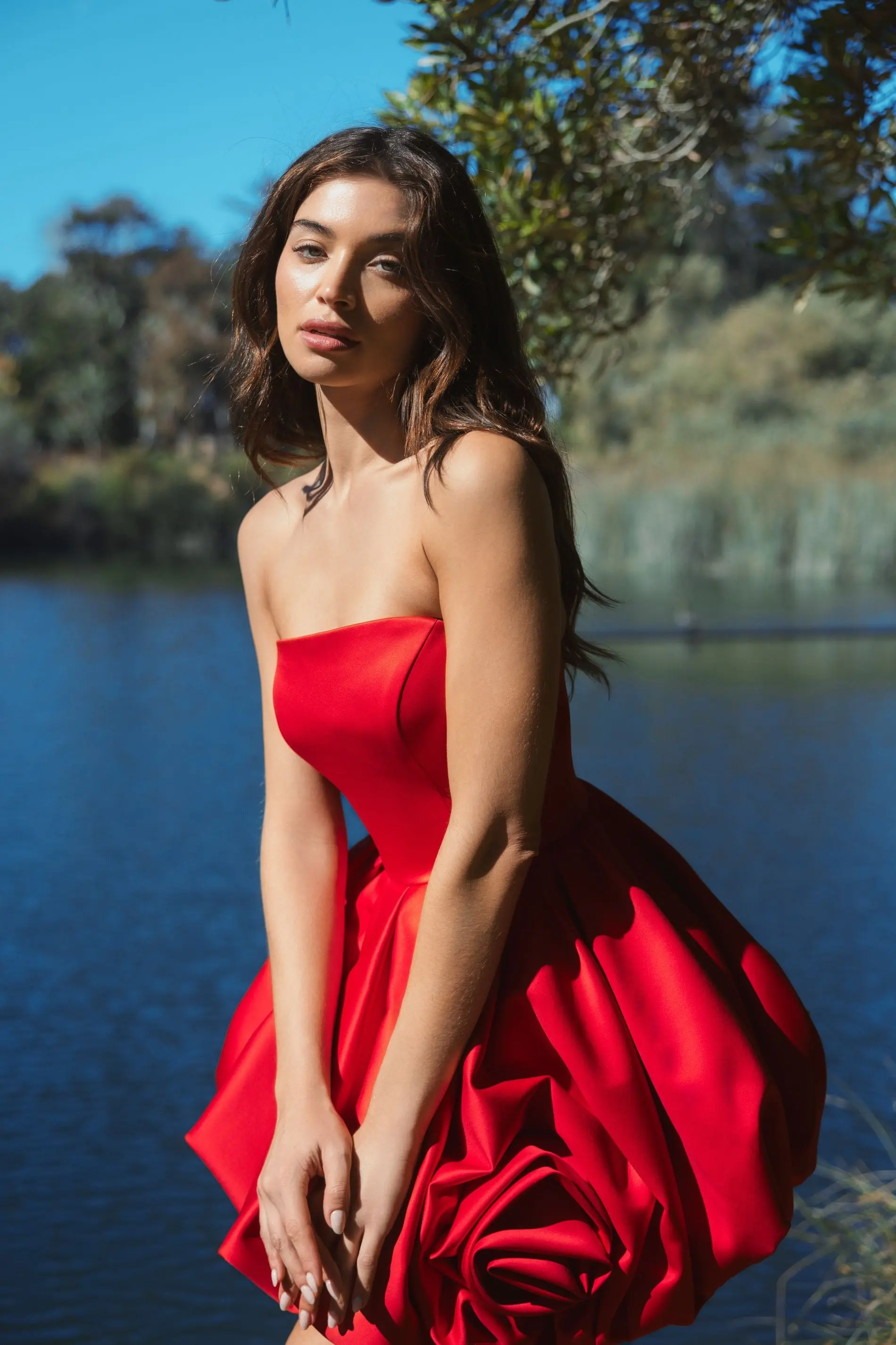 Red Strapless Mini Dress With 3D Rose Detail - Image 5