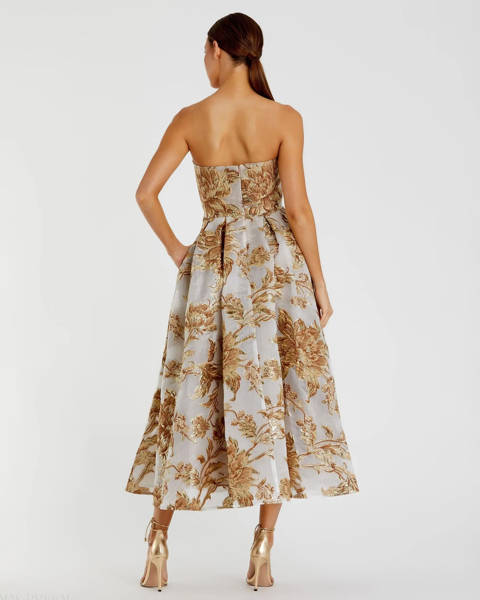 Gold Strapless Brocade Midi Dress with Pockets - Image 3