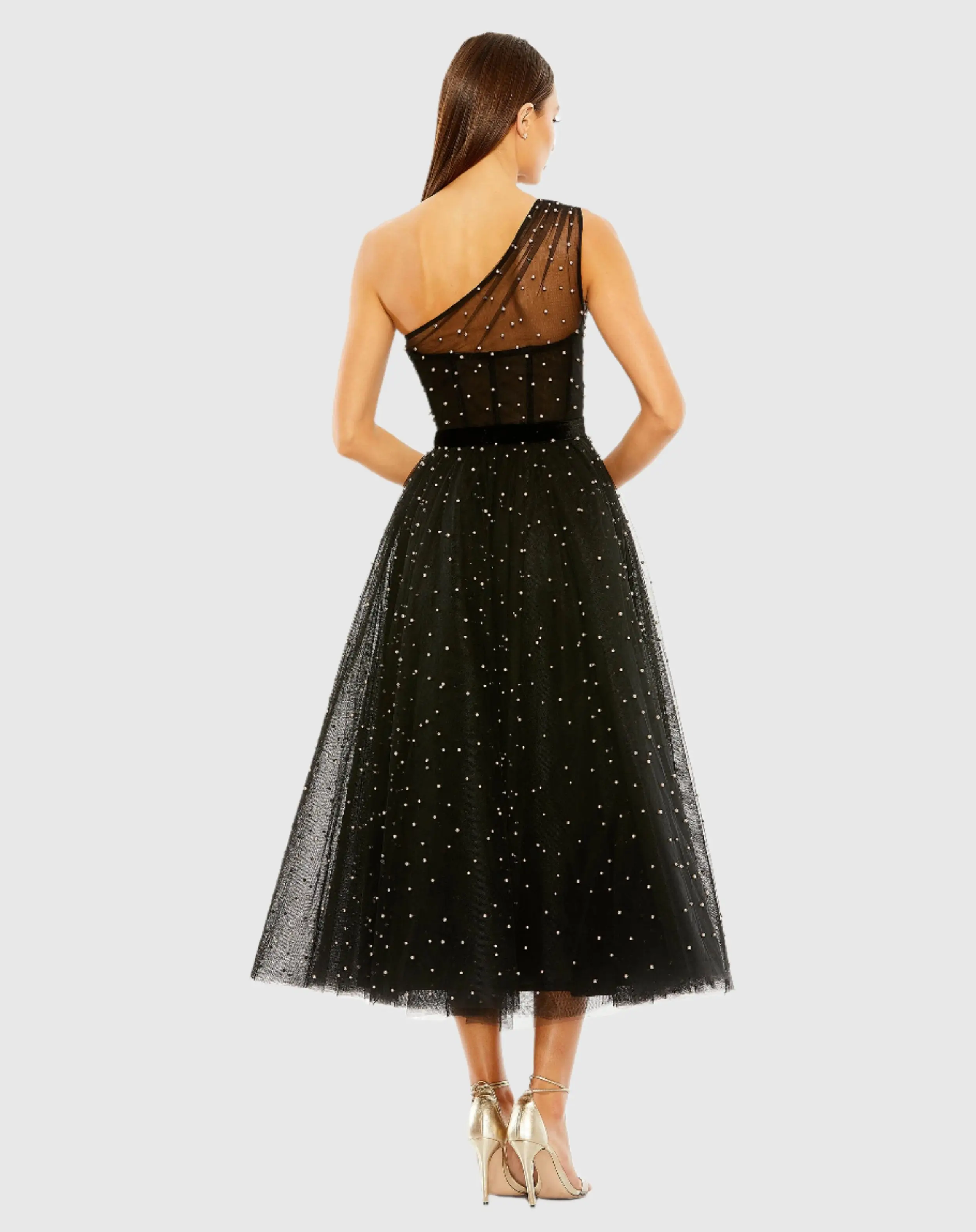 Black One Shoulder Pearl Beaded Midi Ball Gown - Image 3