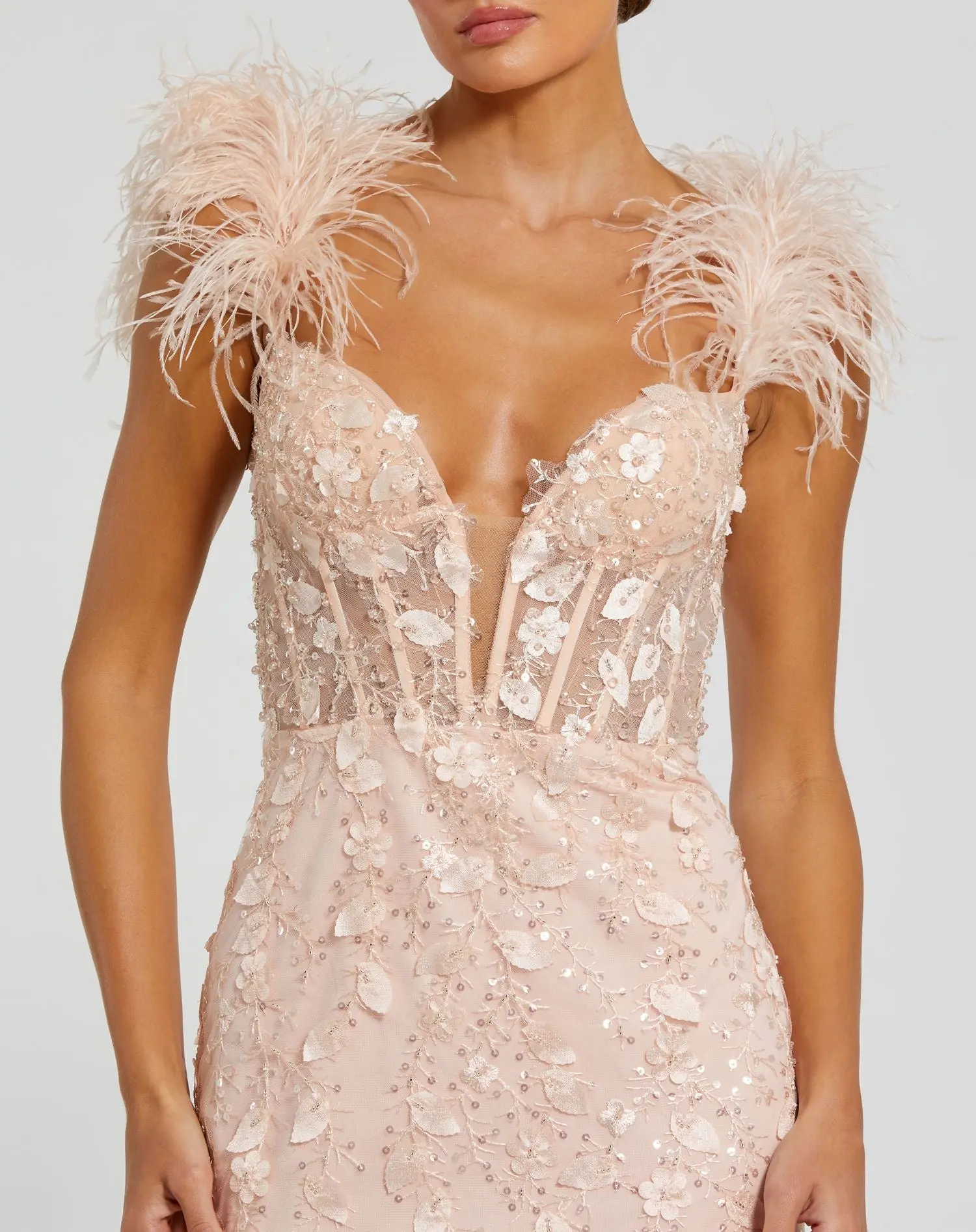 Pink Sheer Applique Bustier Gown with Feather Straps - Image 2