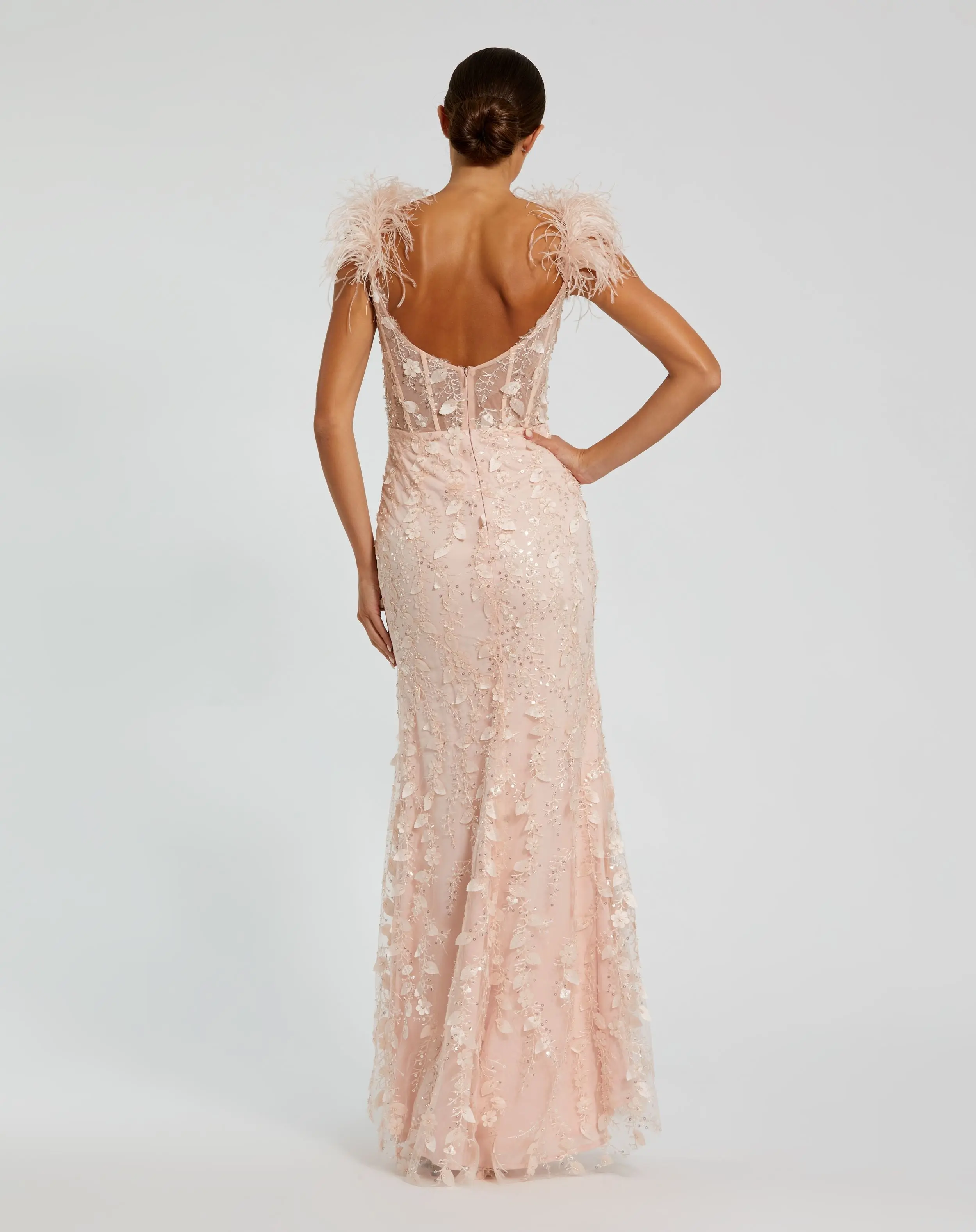 Pink Sheer Applique Bustier Gown with Feather Straps - Image 3