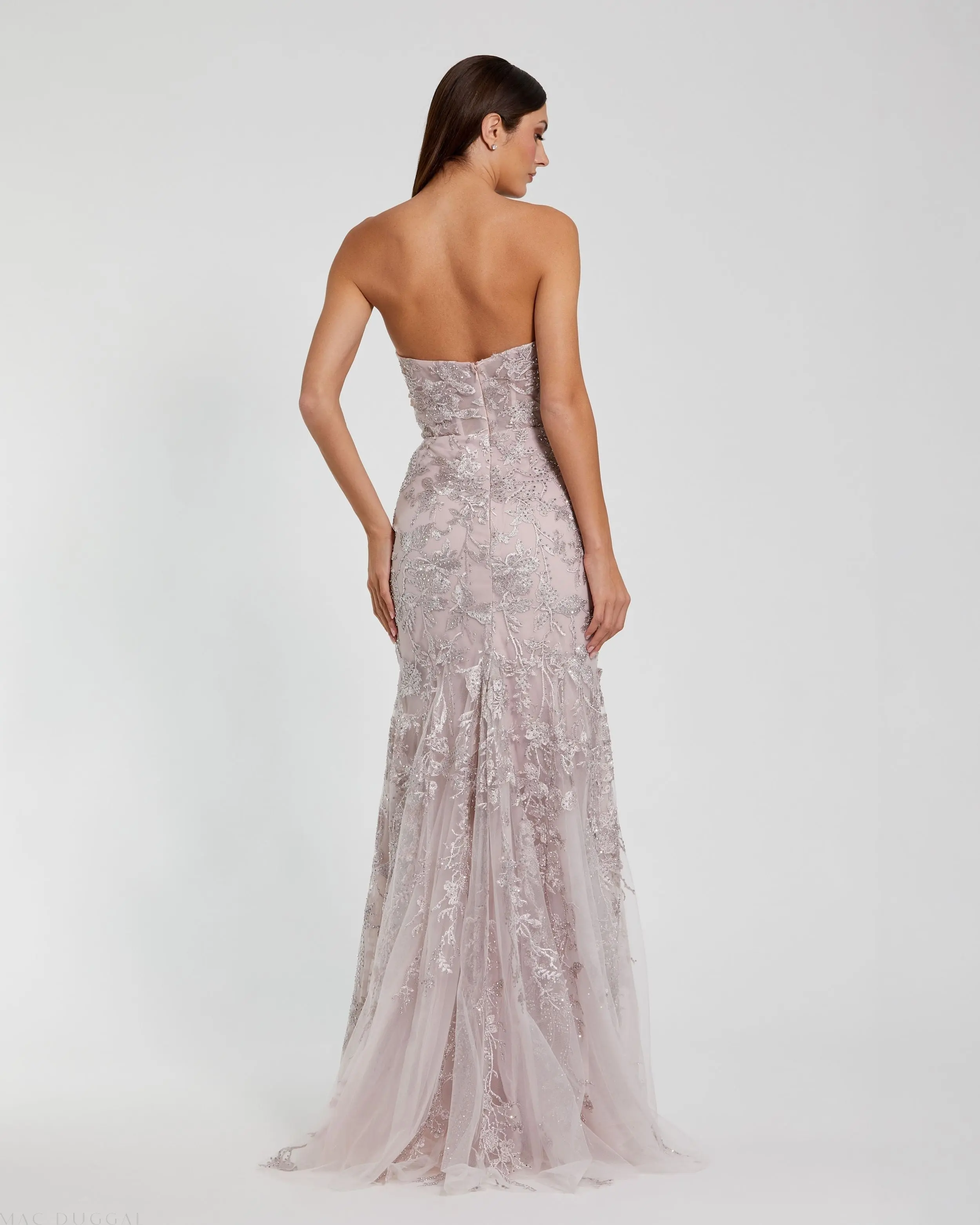 Pink Strapless Lace Embellished Trumpet Gown With 3D Flower - Image 3