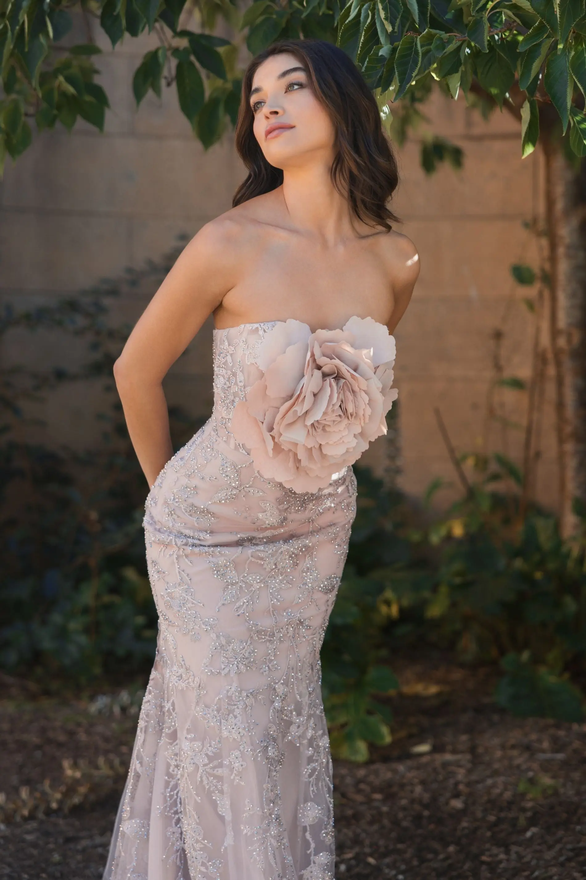 Pink Strapless Lace Embellished Trumpet Gown With 3D Flower - Image 6