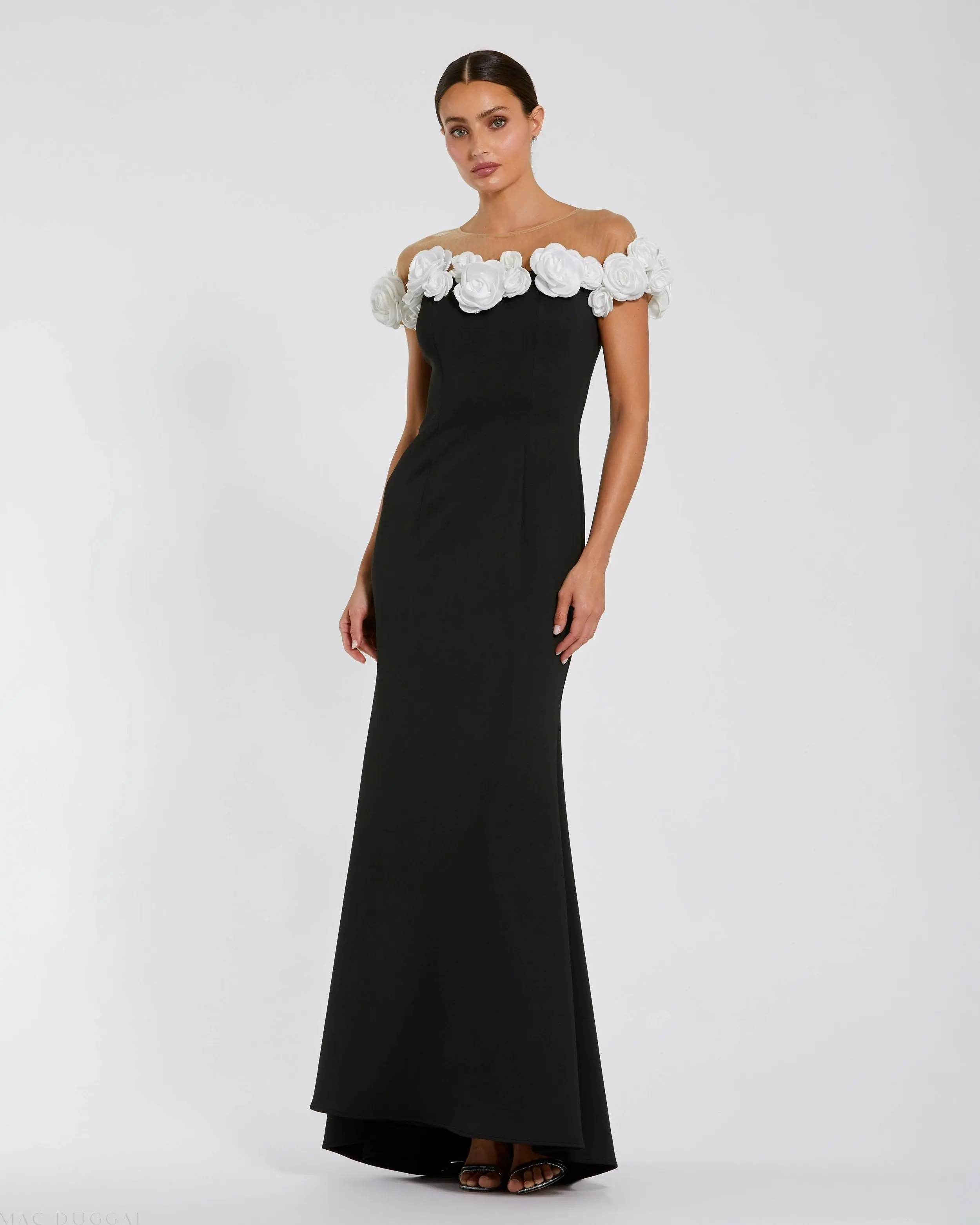 Black Crepe Mermaid Gown With 3D Flowers
