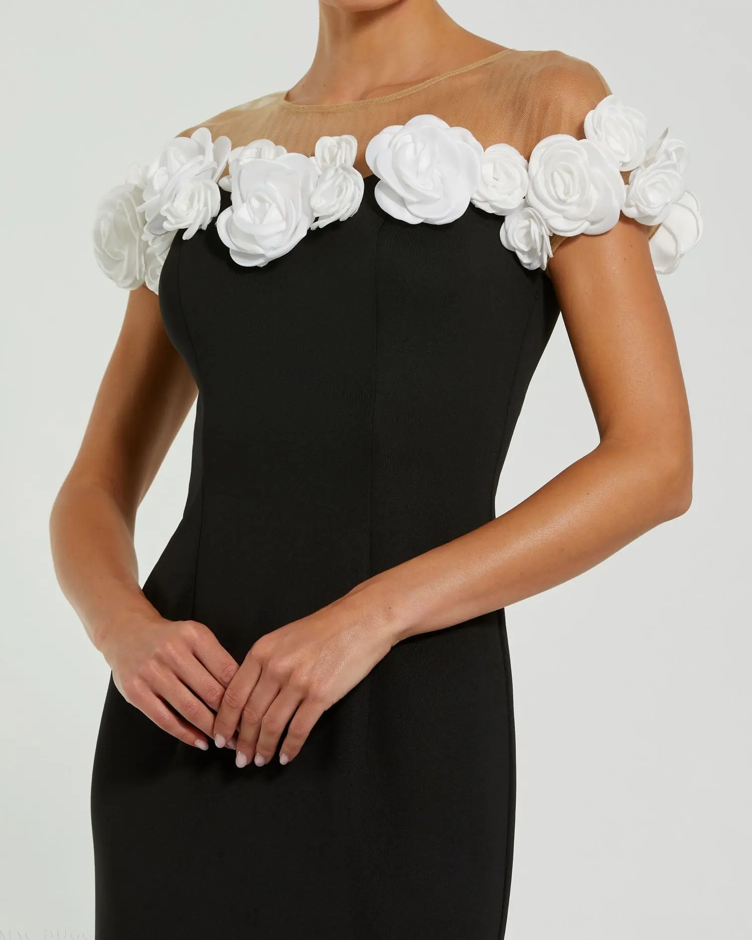 Black Crepe Mermaid Gown With 3D Flowers - Image 2