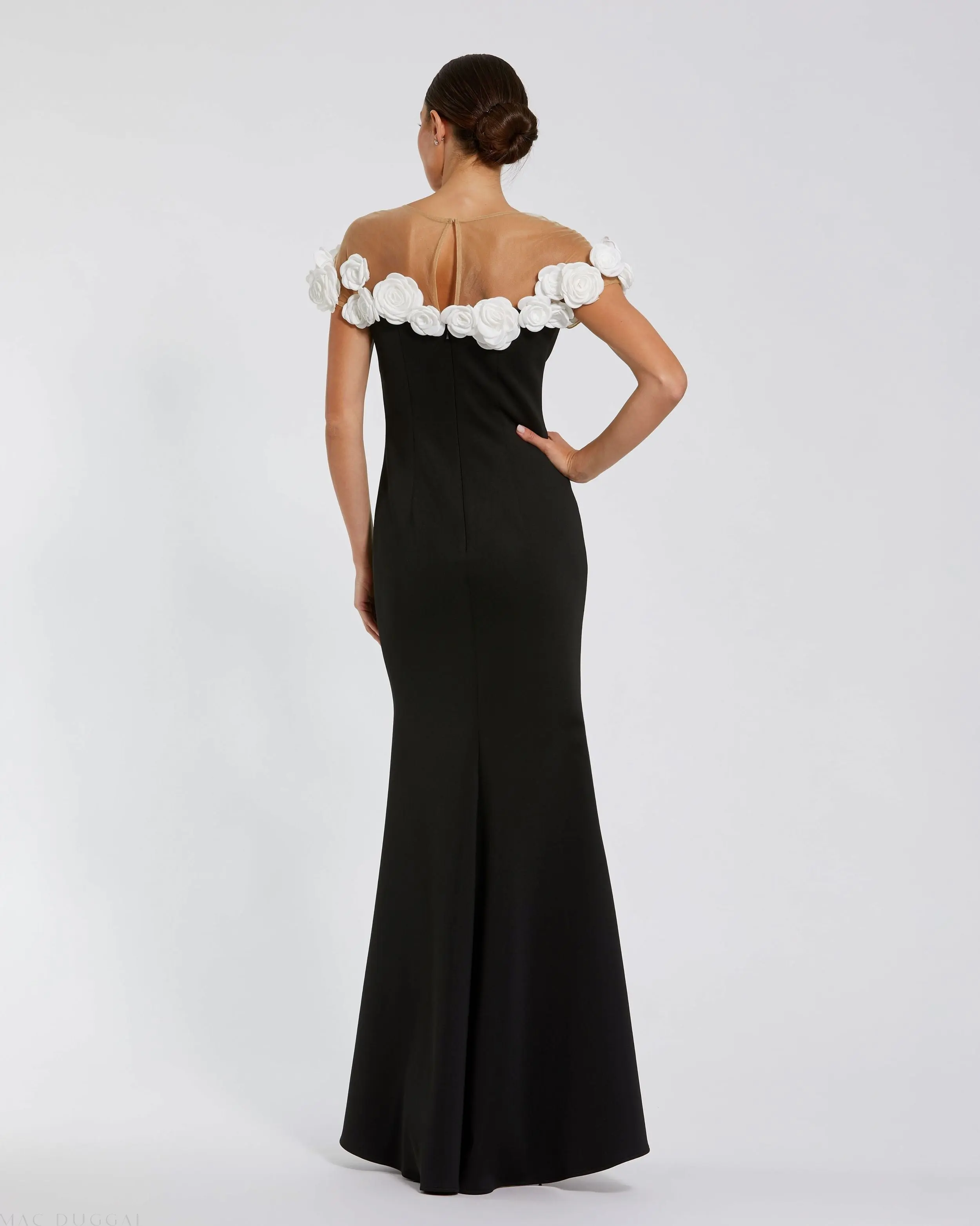 Black Crepe Mermaid Gown With 3D Flowers - Image 3