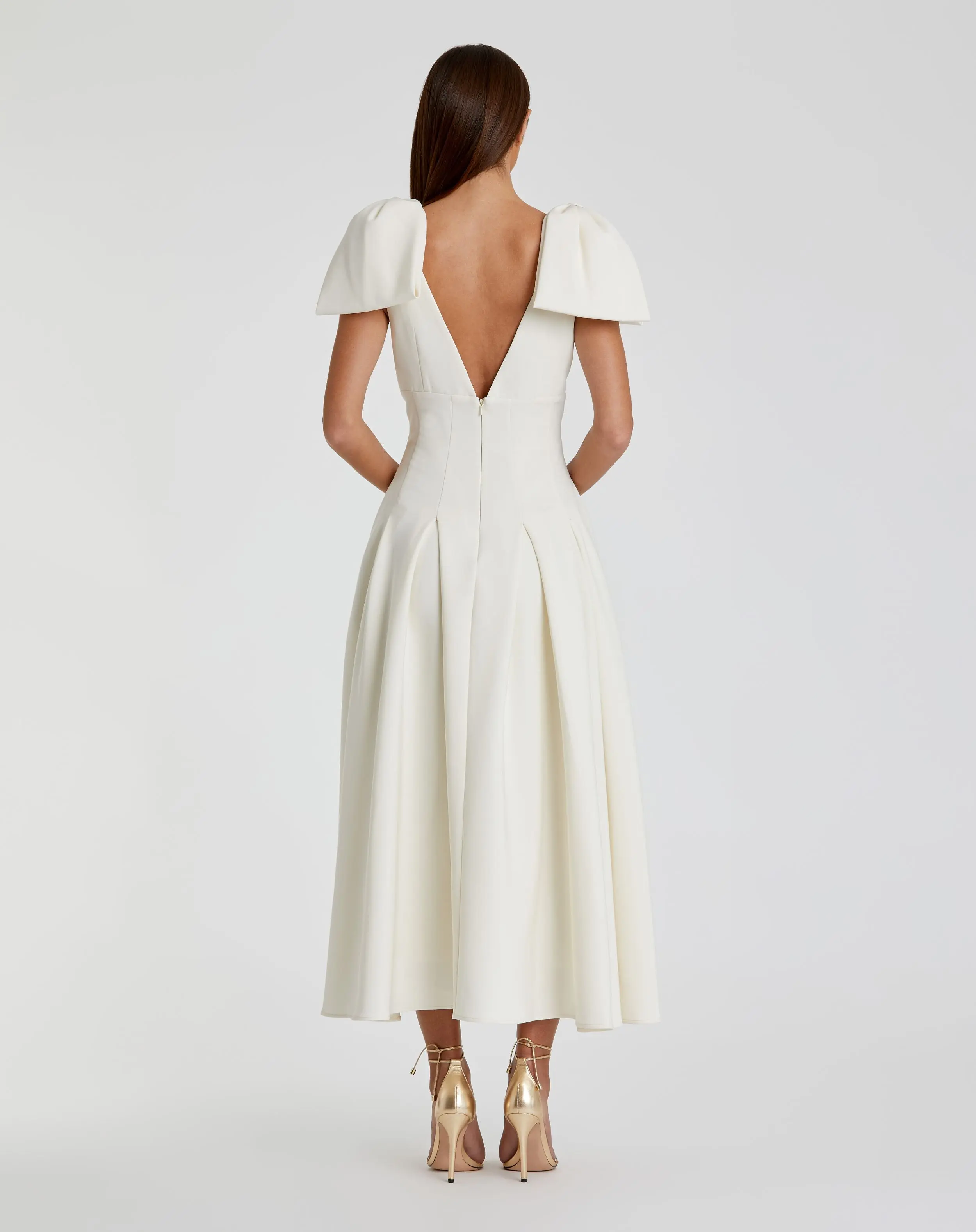 Ivory Crepe A Line Midi Dress With Bow Straps - Image 3