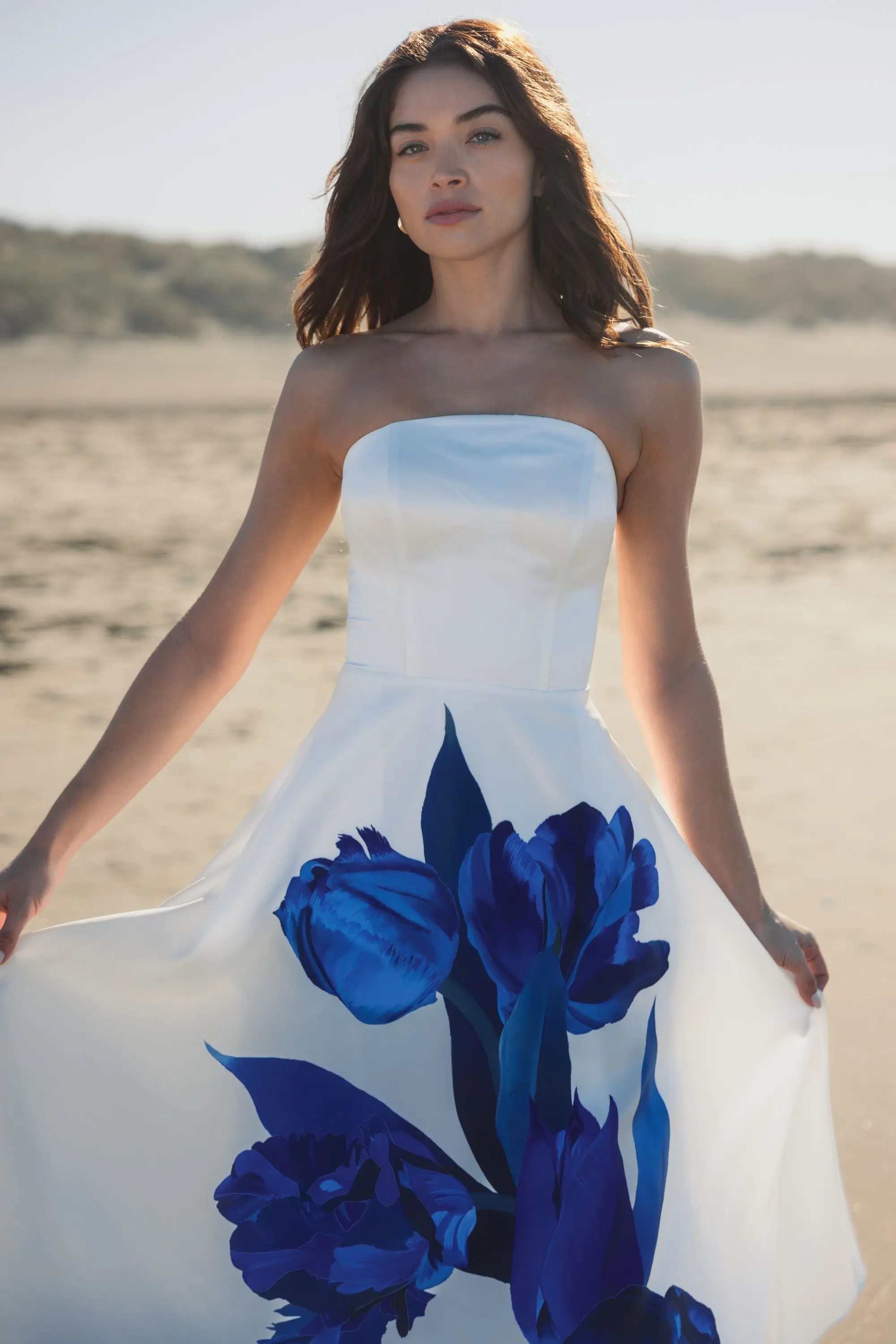 White Strapless Satin Midi Dress With Flower Print - Image 5