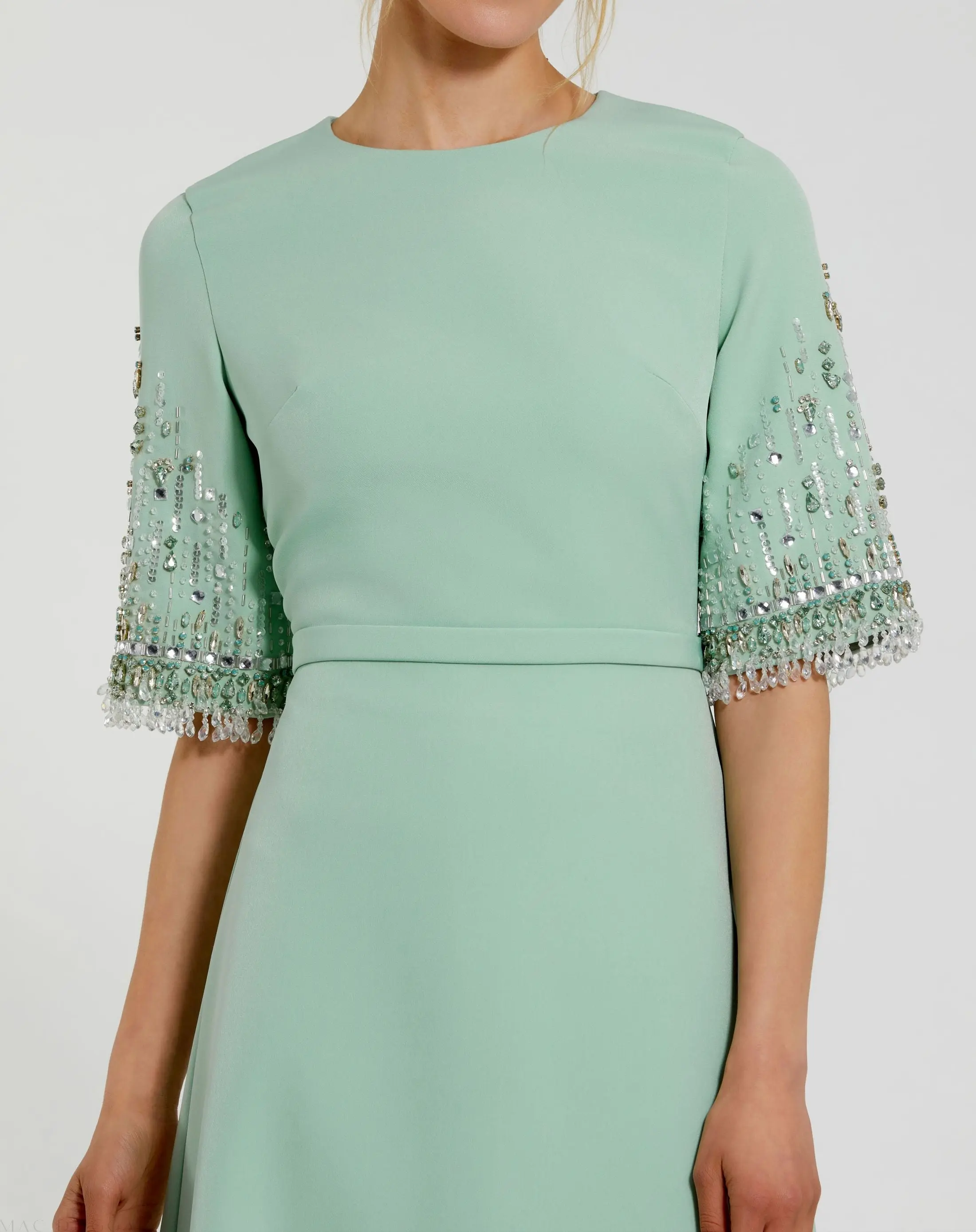 Green Crepe A Line Gown With Beaded 3/4 Sleeves - Image 2
