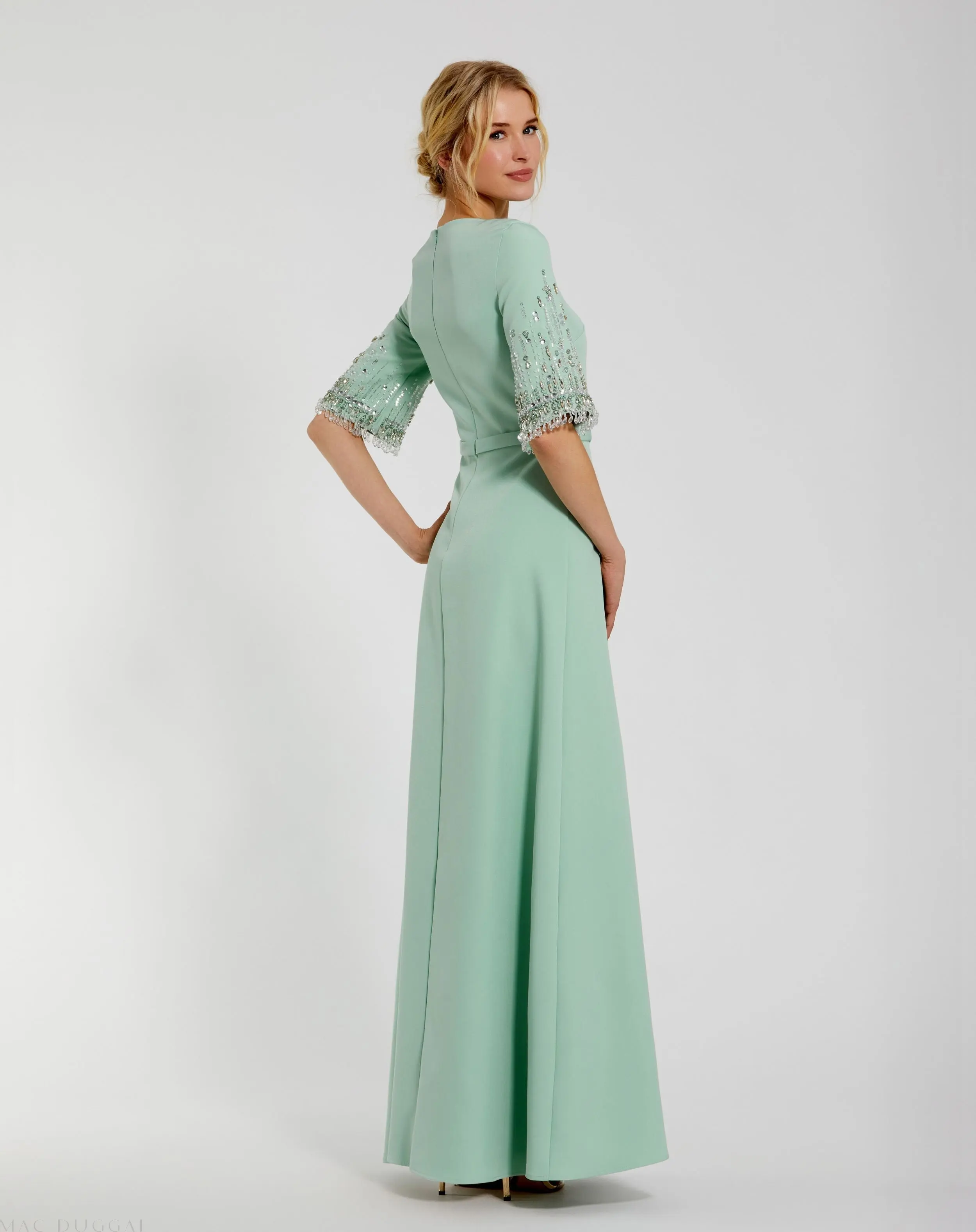 Green Crepe A Line Gown With Beaded 3/4 Sleeves - Image 3