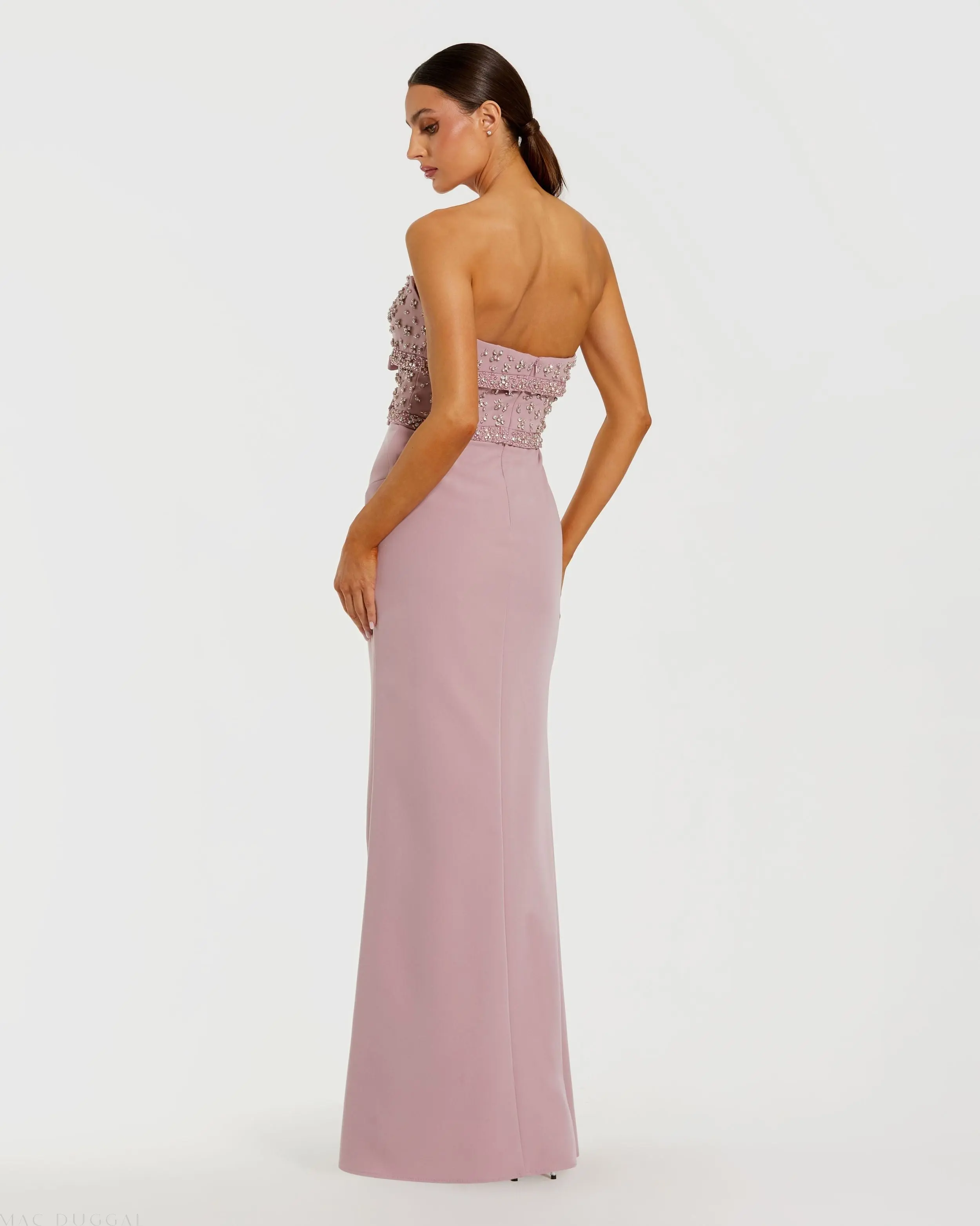 Pink Strapless Rhinestone Bodice Crepe Gown - Image 3