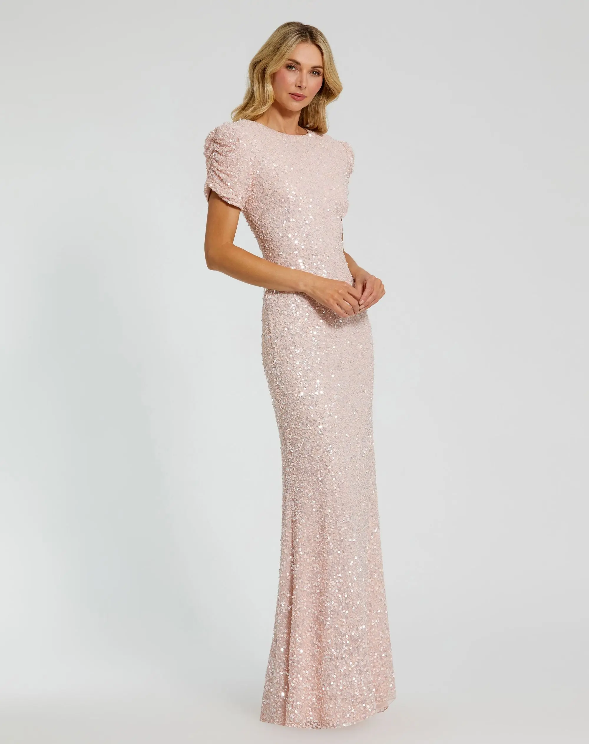 Pink Gathered Short Sleeve Embellished Gown - Image 3