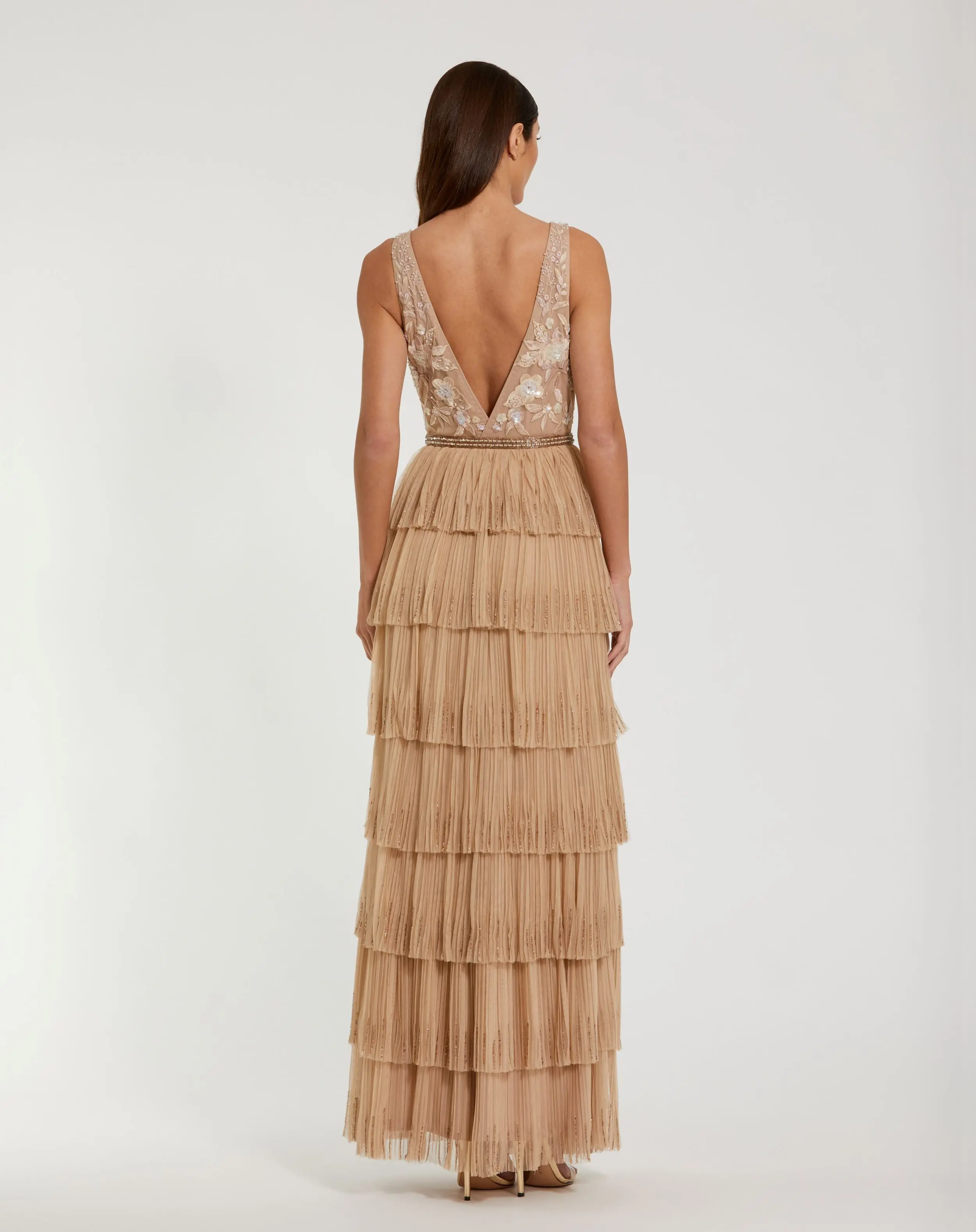 Beige Beaded Mesh V Neck Gown With Tiered Ruffles - Image 3